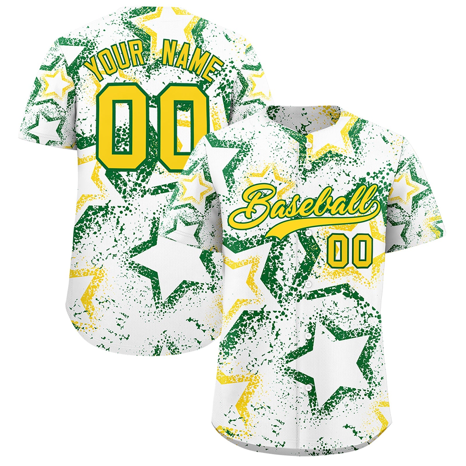 Custom White Kelly Green Gold Star-Shaped Ink Texture Graffiti Pattern Baseball Jersey | Sublimation Printed & Stitched,Add Name and Numbern,Perfect for Parties,Perfect for Training | KXKSHOP