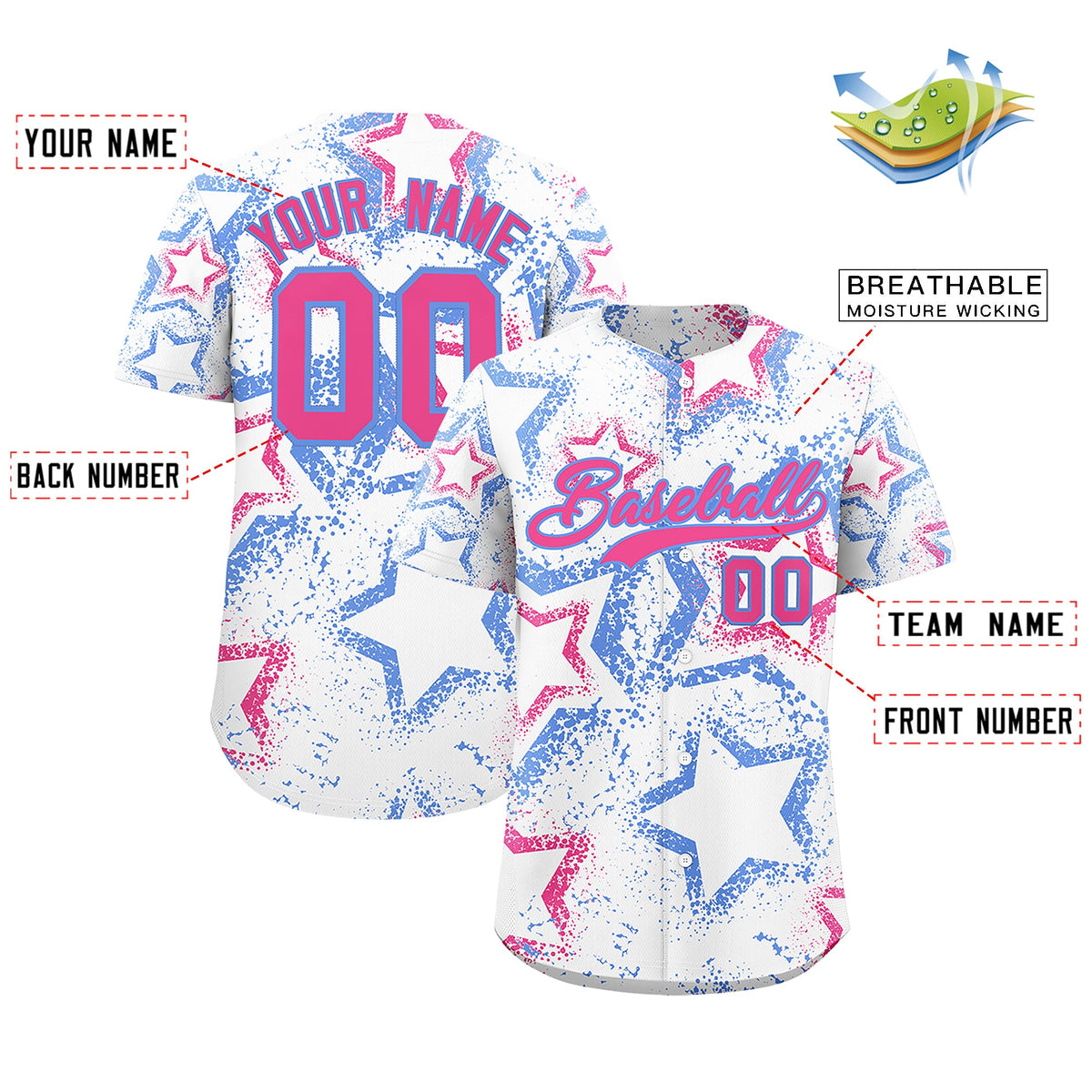 Custom White Light Blue Pink Star-Shaped Ink Texture Graffiti Pattern Baseball Jersey | Sublimation Printed &amp; Stitched,Add Name and Numbern,Perfect for Parties,Perfect for Training | KXKSHOP