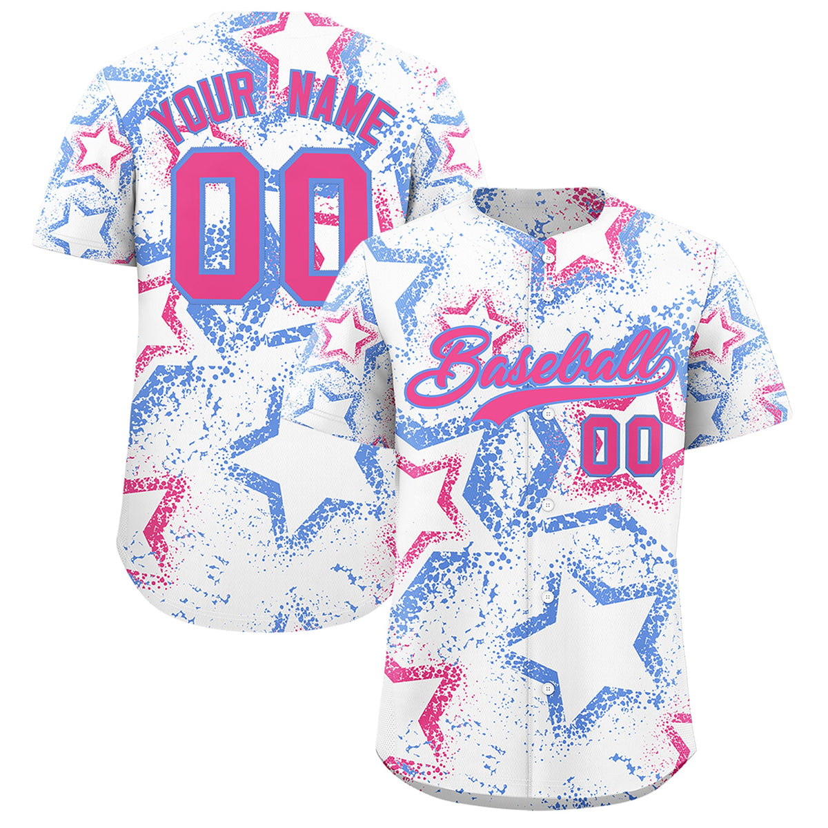 Custom White Light Blue Pink Star-Shaped Ink Texture Graffiti Pattern Baseball Jersey | Sublimation Printed &amp; Stitched,Add Name and Numbern,Perfect for Parties,Perfect for Training | KXKSHOP