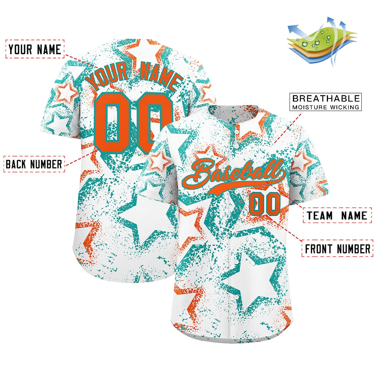 Custom White Aqua Orange Star-Shaped Ink Texture Graffiti Pattern Baseball Jersey | Sublimation Printed & Stitched,Add Name and Numbern,Perfect for Parties,Perfect for Training | KXKSHOP