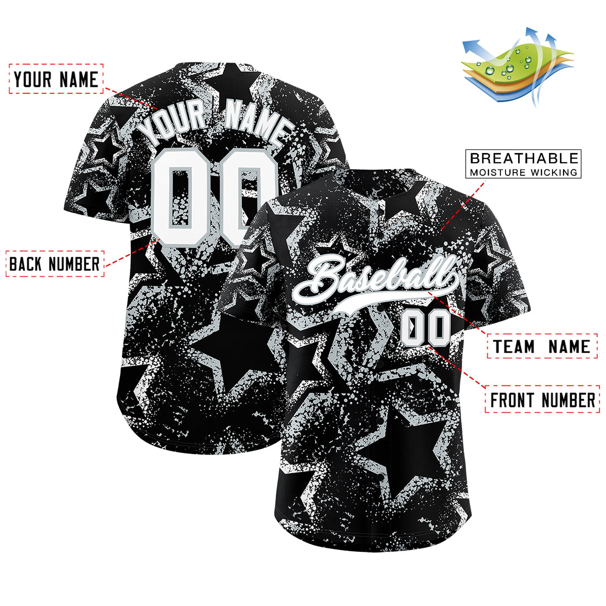 Custom Black White Silver Star-Shaped Ink Texture Graffiti Pattern Baseball Jersey | Sublimation Printed & Stitched,Add Name and Numbern,Perfect for Parties,Perfect for Training | KXKSHOP