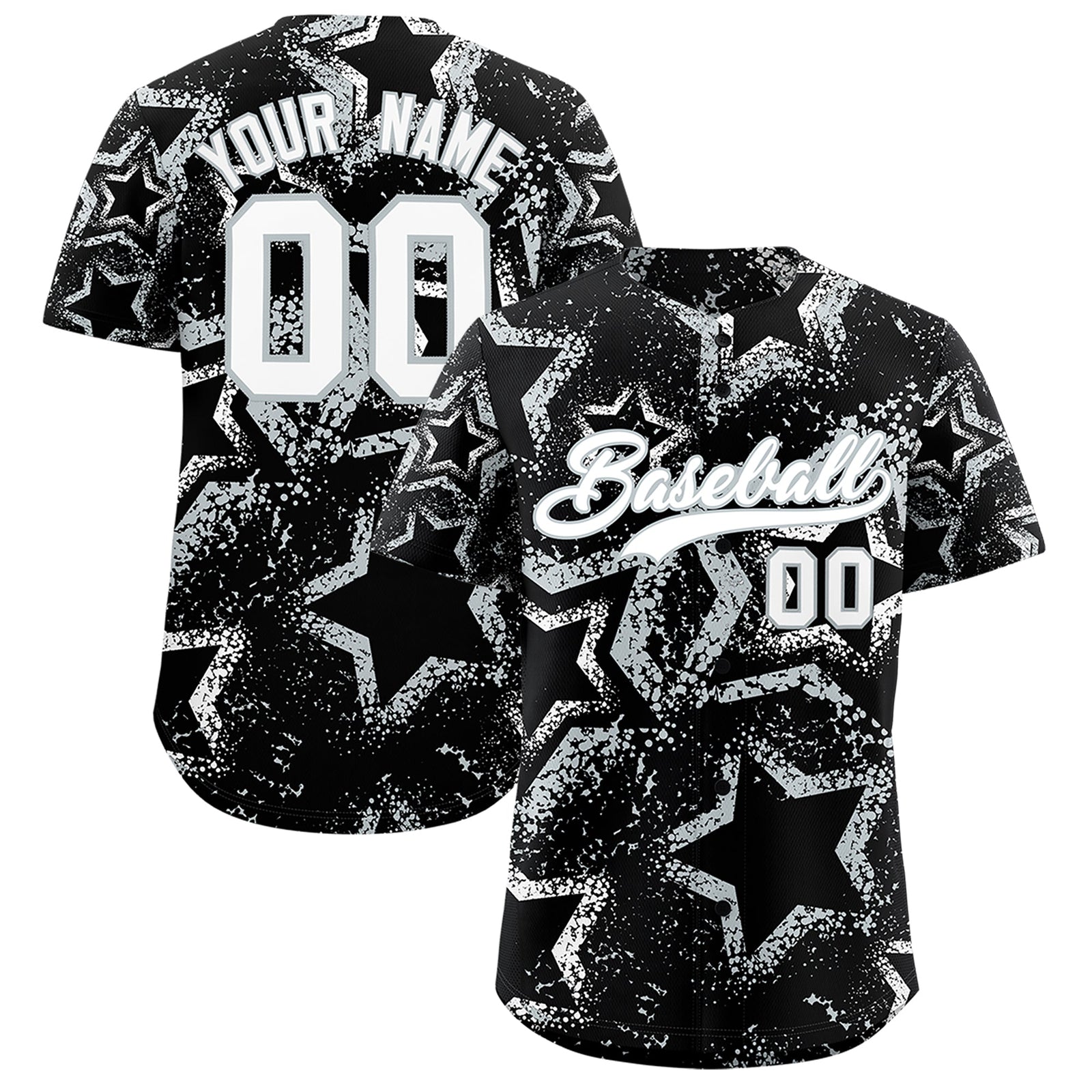 Custom Black White Silver Star-Shaped Ink Texture Graffiti Pattern Baseball Jersey | Sublimation Printed & Stitched,Add Name and Numbern,Perfect for Parties,Perfect for Training | KXKSHOP