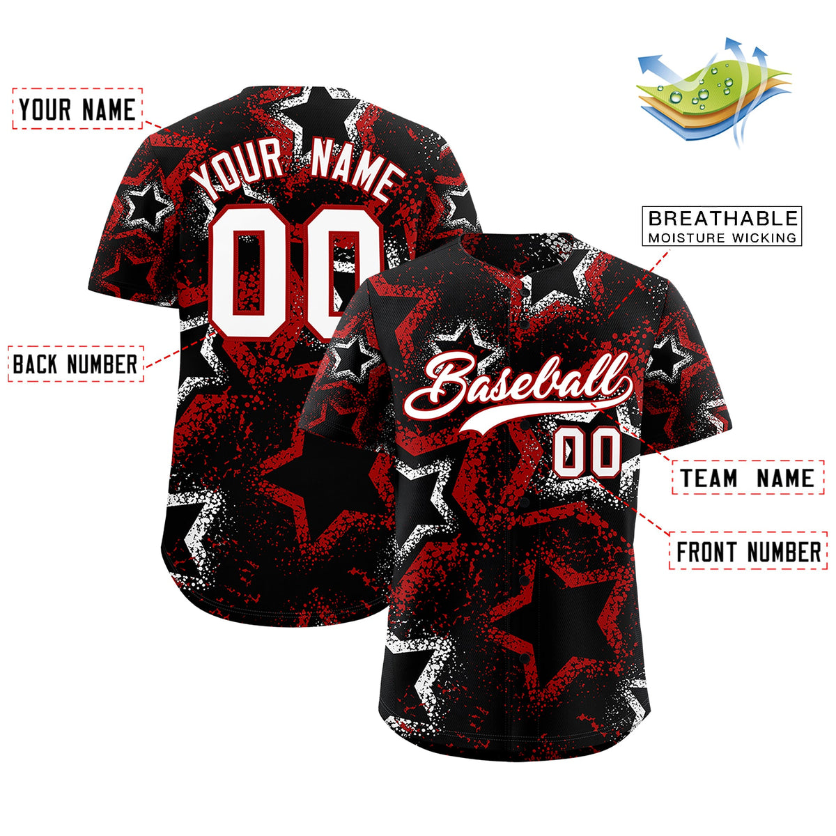 Custom Black White Red Star-Shaped Ink Texture Graffiti Pattern Baseball Jersey | Sublimation Printed &amp; Stitched,Add Name and Numbern,Perfect for Parties,Perfect for Training | KXKSHOP