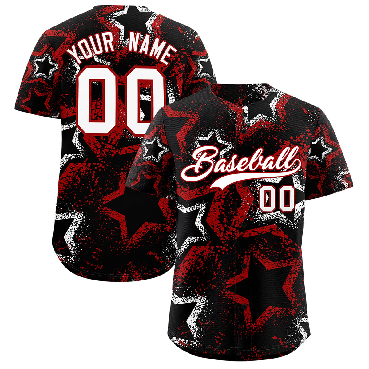 Custom Black White Red Star-Shaped Ink Texture Graffiti Pattern Baseball Jersey | Sublimation Printed &amp; Stitched,Add Name and Numbern,Perfect for Parties,Perfect for Training | KXKSHOP