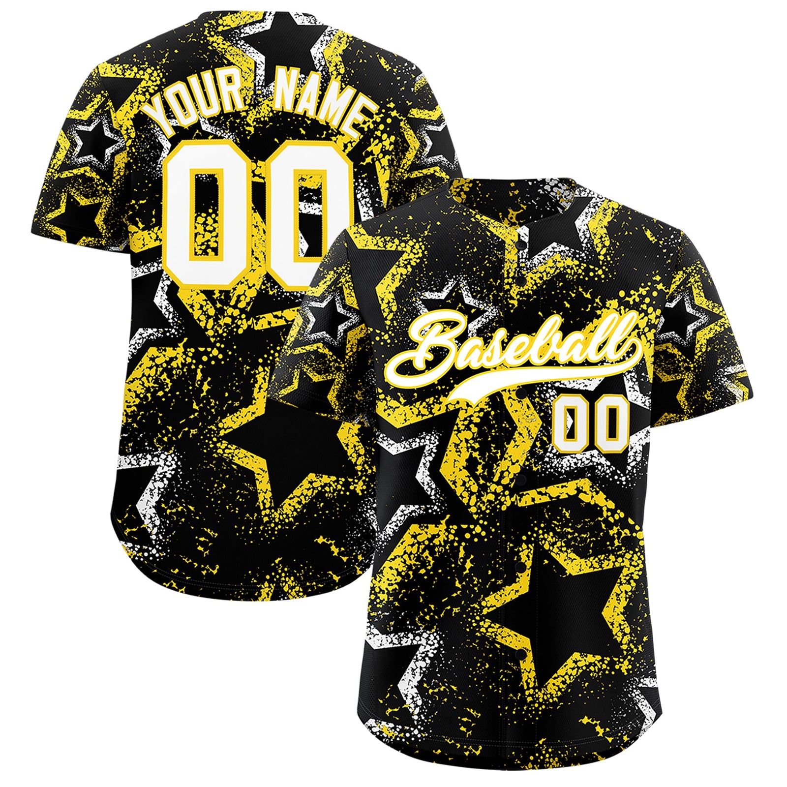 Custom Black White Gold Star-Shaped Ink Texture Graffiti Pattern Baseball Jersey | Sublimation Printed & Stitched,Add Name and Numbern,Perfect for Parties,Perfect for Training | KXKSHOP