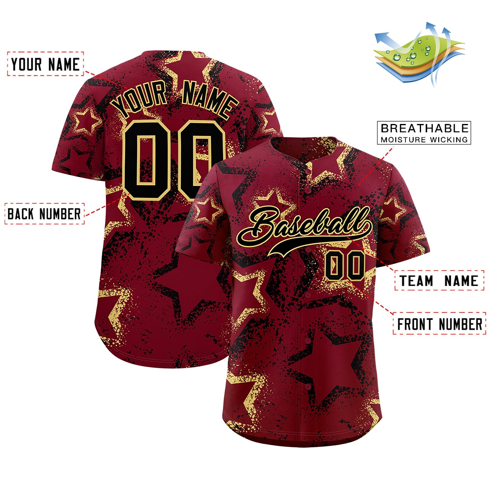 Custom Crimson Khaki Black Star-Shaped Ink Texture Graffiti Pattern Baseball Jersey | Sublimation Printed & Stitched,Add Name and Numbern,Perfect for Parties,Perfect for Training | KXKSHOP