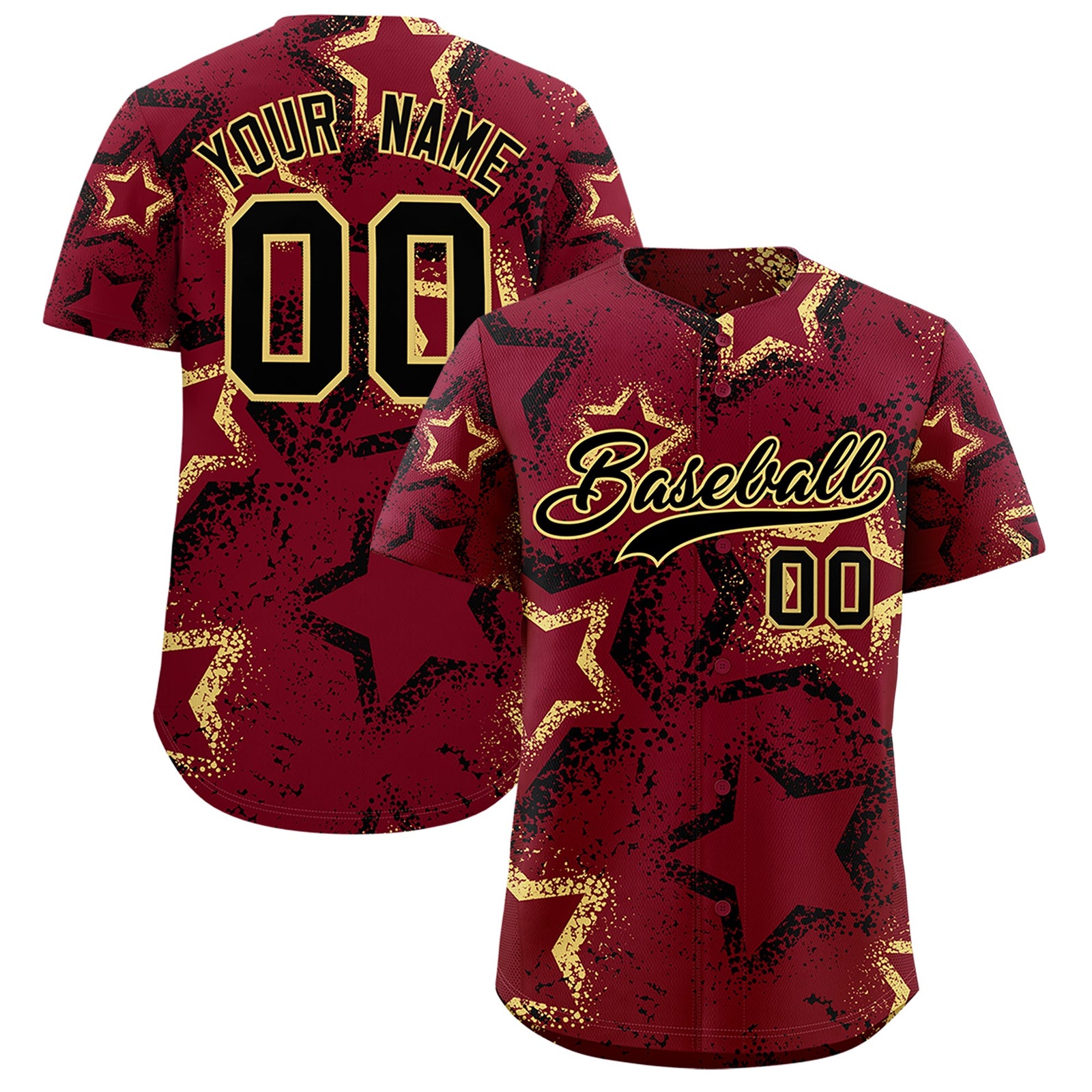 Custom Crimson Khaki Black Star-Shaped Ink Texture Graffiti Pattern Baseball Jersey | Sublimation Printed & Stitched,Add Name and Numbern,Perfect for Parties,Perfect for Training | KXKSHOP
