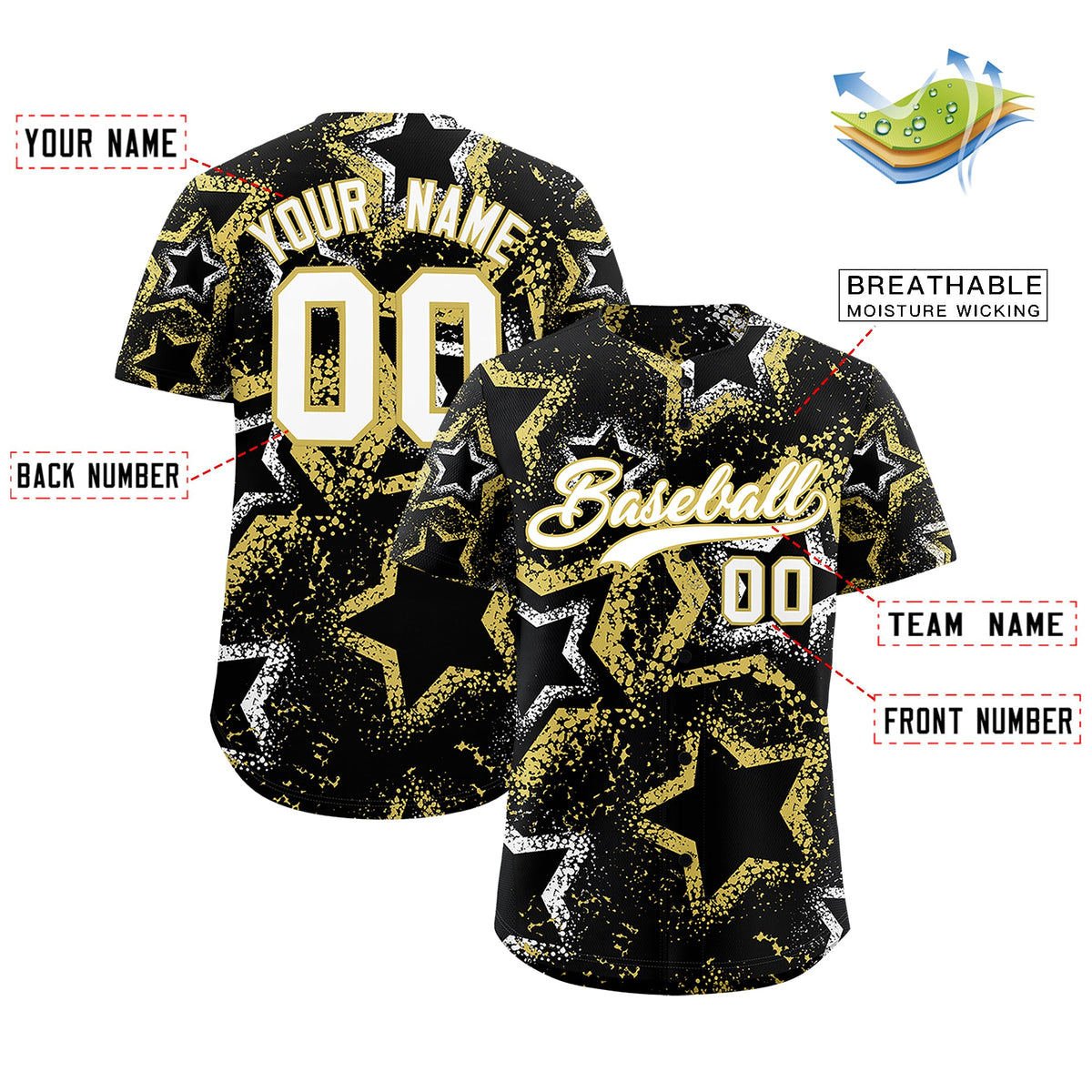 Custom Black White Old Gold Star-Shaped Ink Texture Graffiti Pattern Baseball Jersey | Sublimation Printed &amp; Stitched,Add Name and Numbern,Perfect for Parties,Perfect for Training | KXKSHOP
