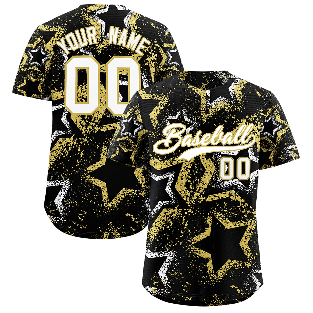 Custom Black White Old Gold Star-Shaped Ink Texture Graffiti Pattern Baseball Jersey | Sublimation Printed &amp; Stitched,Add Name and Numbern,Perfect for Parties,Perfect for Training | KXKSHOP