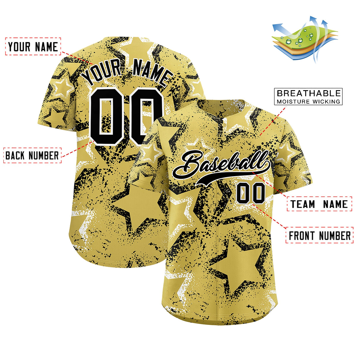 Custom Old Gold White Black Star-Shaped Ink Texture Graffiti Pattern Baseball Jersey | Sublimation Printed &amp; Stitched,Add Name and Numbern,Perfect for Parties,Perfect for Training | KXKSHOP