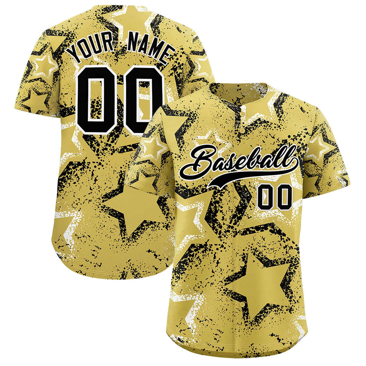 Custom Old Gold White Black Star-Shaped Ink Texture Graffiti Pattern Baseball Jersey | Sublimation Printed &amp; Stitched,Add Name and Numbern,Perfect for Parties,Perfect for Training | KXKSHOP