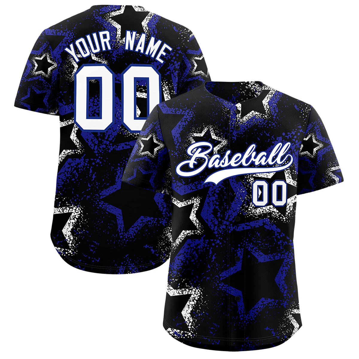 Custom Black White Royal Blue Star-Shaped Ink Texture Graffiti Pattern Baseball Jersey | Sublimation Printed &amp; Stitched,Add Name and Numbern,Perfect for Parties,Perfect for Training | KXKSHOP