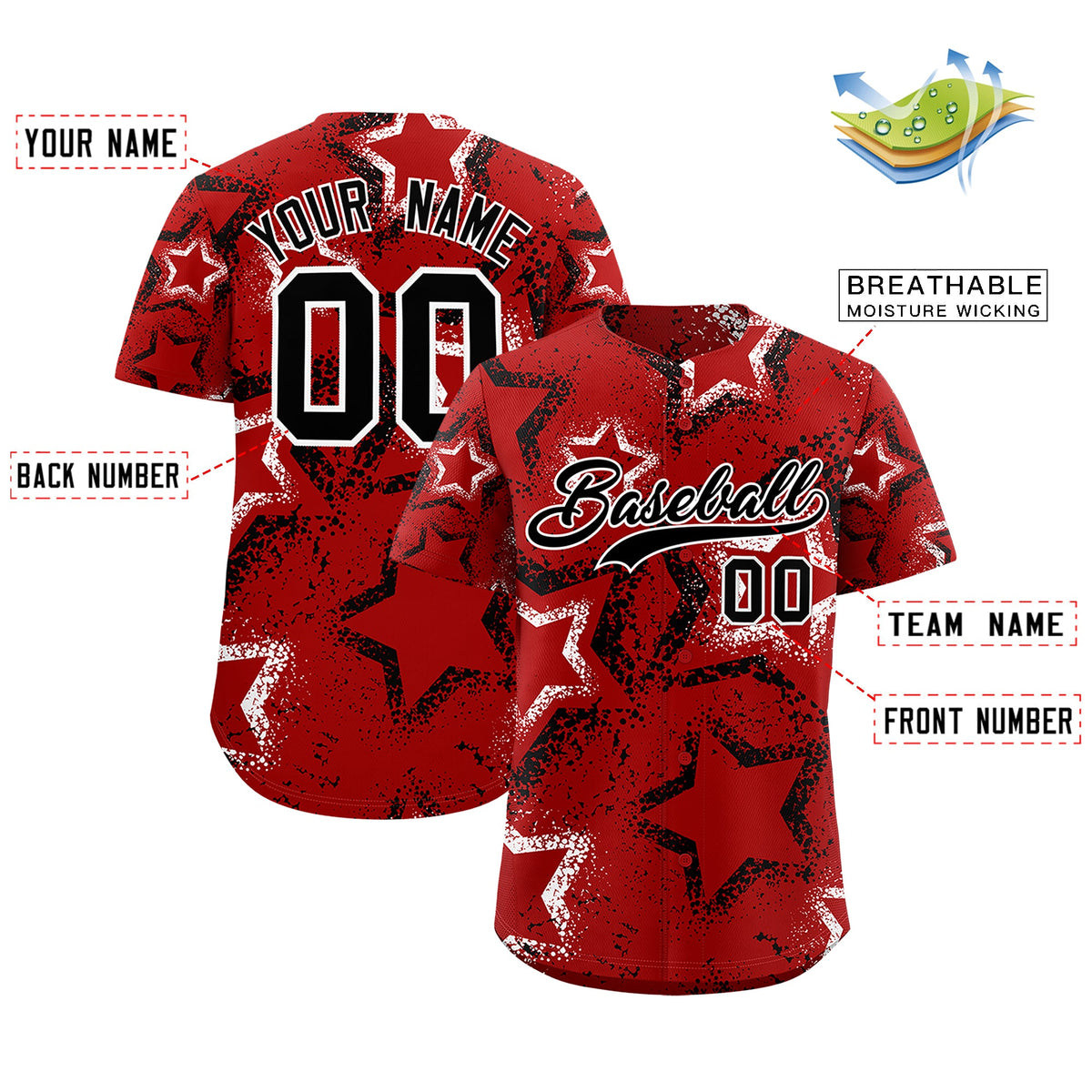 Custom Red White Black Star-Shaped Ink Texture Graffiti Pattern Baseball Jersey | Sublimation Printed &amp; Stitched,Add Name and Numbern,Perfect for Parties,Perfect for Training | KXKSHOP