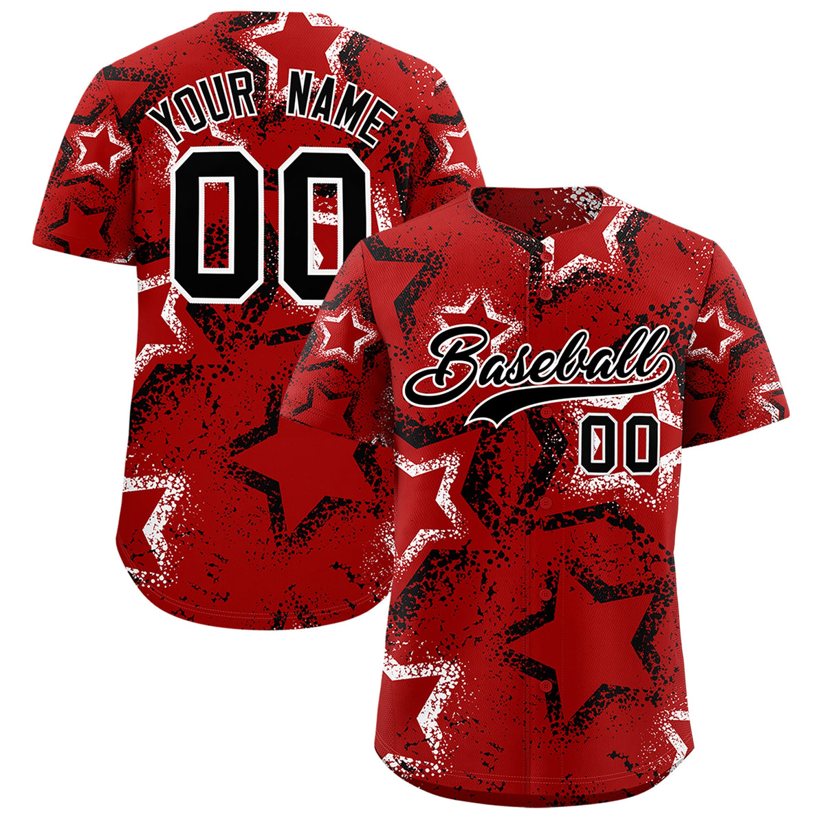 Custom Red White Black Star-Shaped Ink Texture Graffiti Pattern Baseball Jersey | Sublimation Printed &amp; Stitched,Add Name and Numbern,Perfect for Parties,Perfect for Training | KXKSHOP