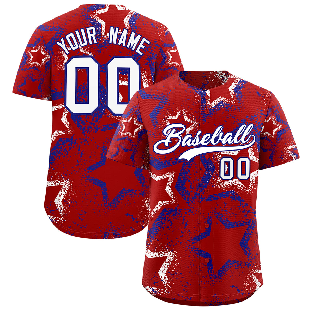 Custom Red White Royal Blue Star-Shaped Ink Texture Graffiti Pattern Baseball Jersey | Sublimation Printed &amp; Stitched,Add Name and Numbern,Perfect for Parties,Perfect for Training | KXKSHOP