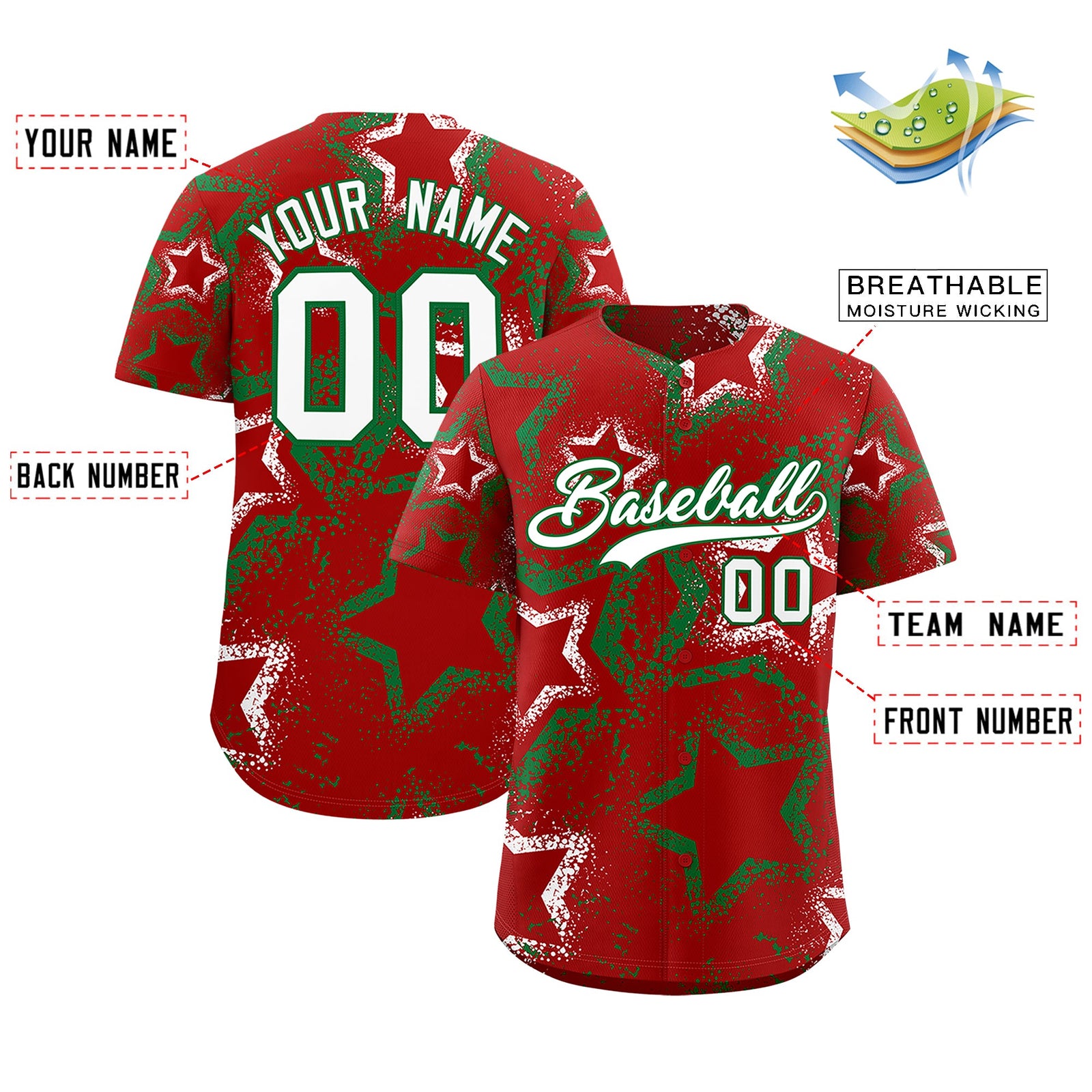 Custom Red White Kelly Green Star-Shaped Ink Texture Graffiti Pattern Baseball Jersey | Sublimation Printed & Stitched,Add Name and Numbern,Perfect for Parties,Perfect for Training | KXKSHOP