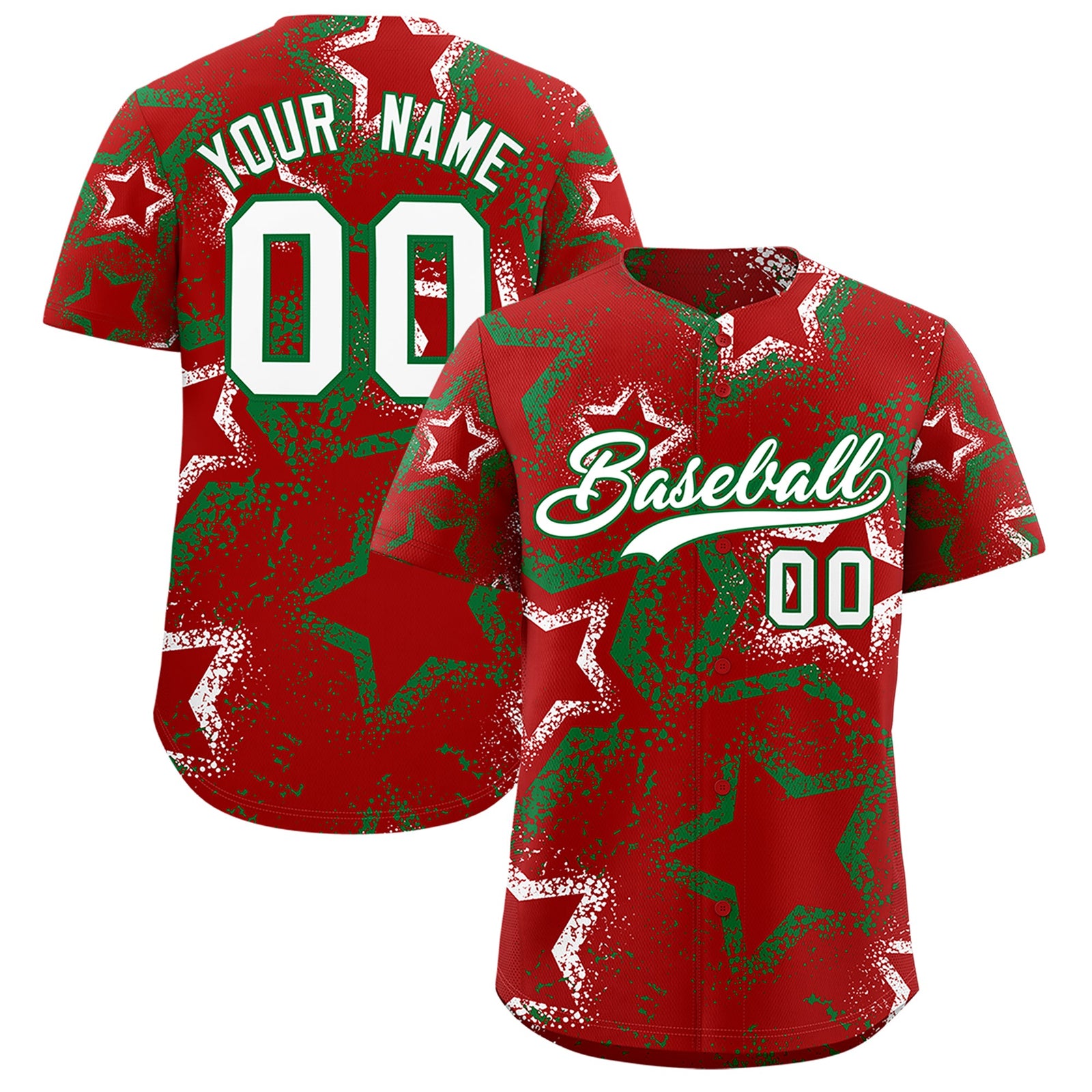 Custom Red White Kelly Green Star-Shaped Ink Texture Graffiti Pattern Baseball Jersey | Sublimation Printed & Stitched,Add Name and Numbern,Perfect for Parties,Perfect for Training | KXKSHOP
