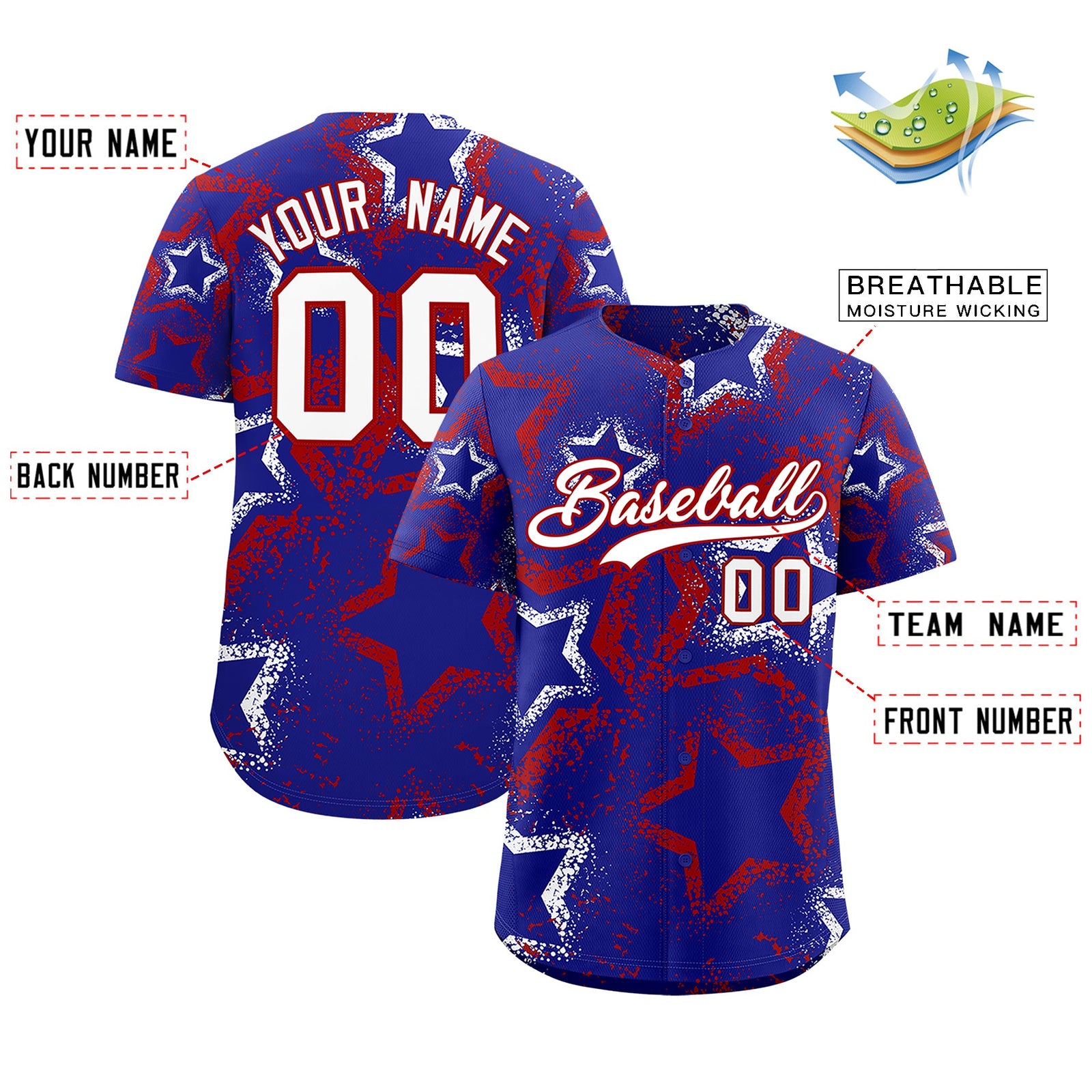 Custom Royal Blue White Red Star-Shaped Ink Texture Graffiti Pattern Baseball Jersey | Sublimation Printed & Stitched,Add Name and Numbern,Perfect for Parties,Perfect for Training | KXKSHOP