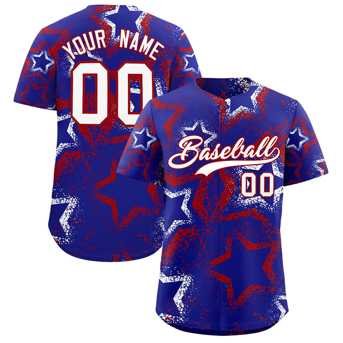 Custom Royal Blue White Red Star-Shaped Ink Texture Graffiti Pattern Baseball Jersey | Sublimation Printed &amp; Stitched,Add Name and Numbern,Perfect for Parties,Perfect for Training | KXKSHOP