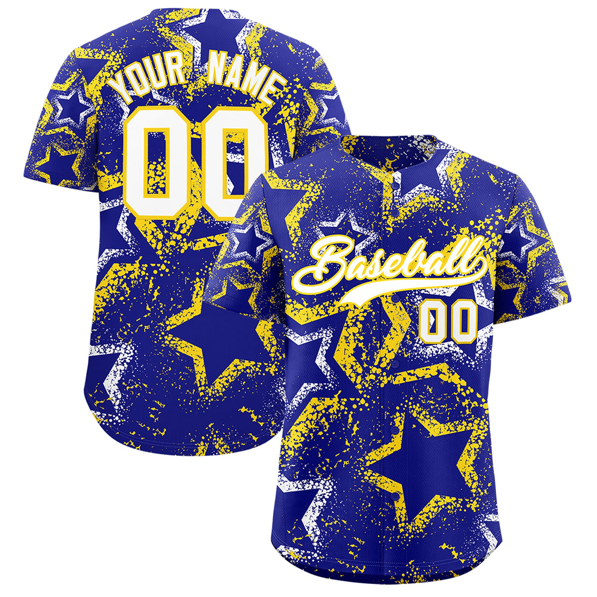 Custom Royal Blue White Gold Star-Shaped Ink Texture Graffiti Pattern Baseball Jersey | Sublimation Printed &amp; Stitched,Add Name and Numbern,Perfect for Parties,Perfect for Training | KXKSHOP