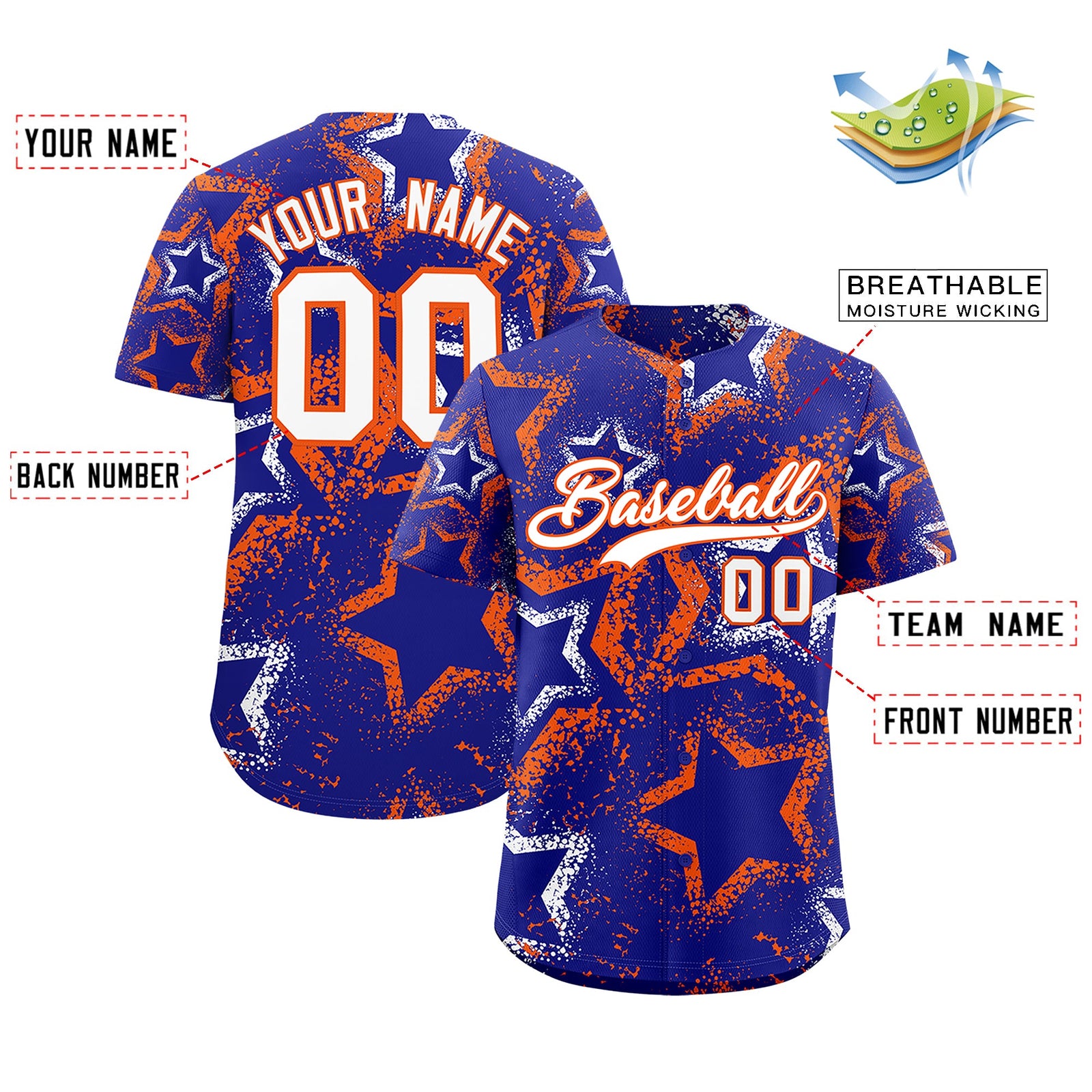 Custom Royal Blue White Orange Star-Shaped Ink Texture Graffiti Pattern Baseball Jersey | Sublimation Printed & Stitched,Add Name and Numbern,Perfect for Parties,Perfect for Training | KXKSHOP
