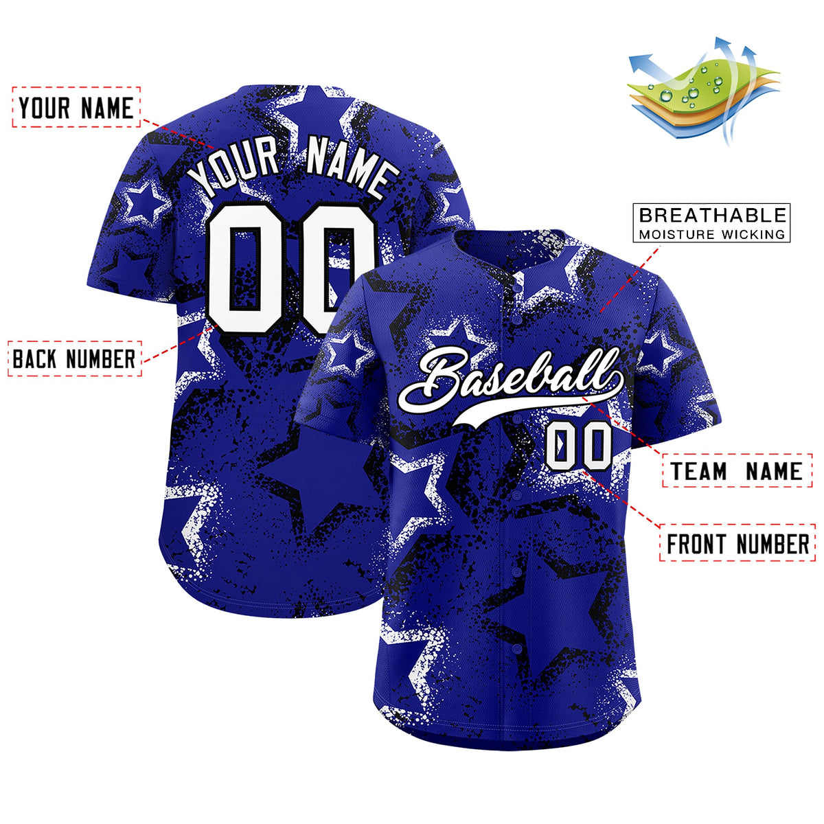 Custom Royal Blue Black White Star-Shaped Ink Texture Graffiti Pattern Baseball Jersey | Sublimation Printed &amp; Stitched,Add Name and Numbern,Perfect for Parties,Perfect for Training | KXKSHOP