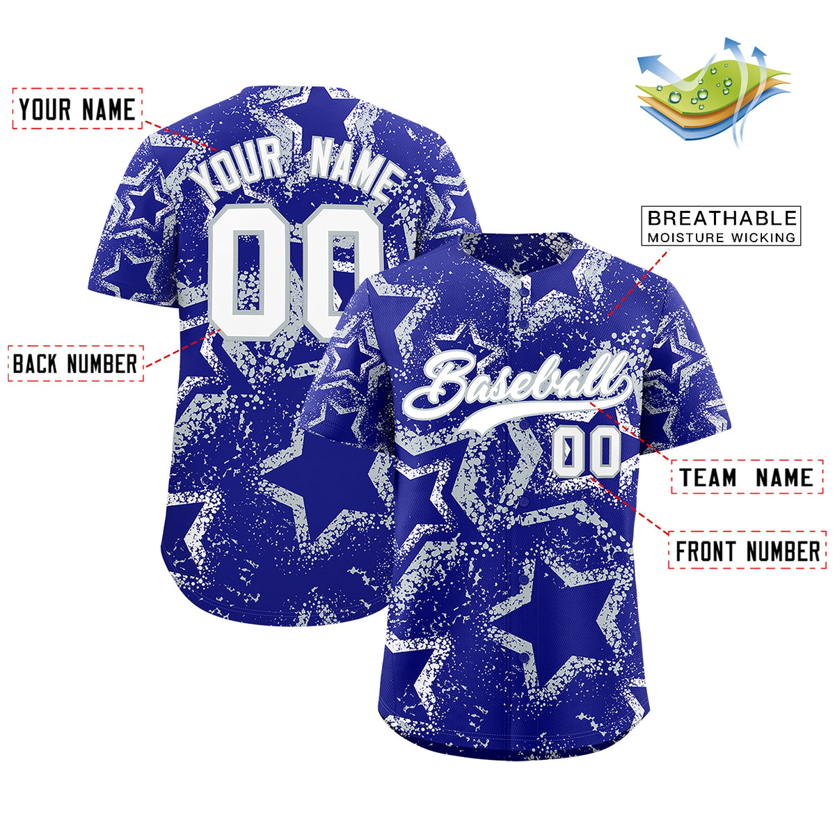 Custom Royal Blue White Silver Star-Shaped Ink Texture Graffiti Pattern Baseball Jersey | Sublimation Printed & Stitched,Add Name and Numbern,Perfect for Parties,Perfect for Training | KXKSHOP
