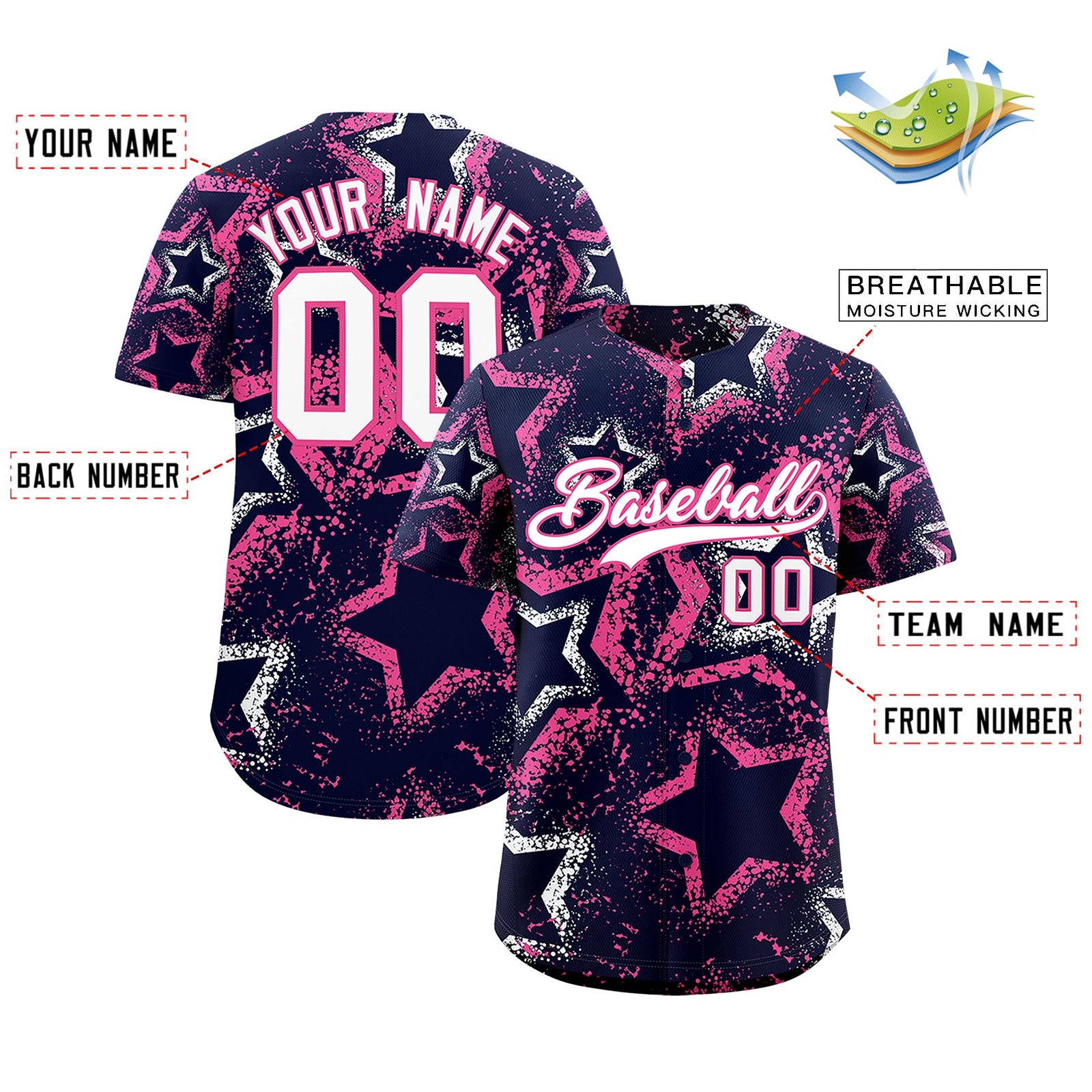 Custom Navy White Pink Star-Shaped Ink Texture Graffiti Pattern Baseball Jersey | Sublimation Printed & Stitched,Add Name and Numbern,Perfect for Parties,Perfect for Training | KXKSHOP