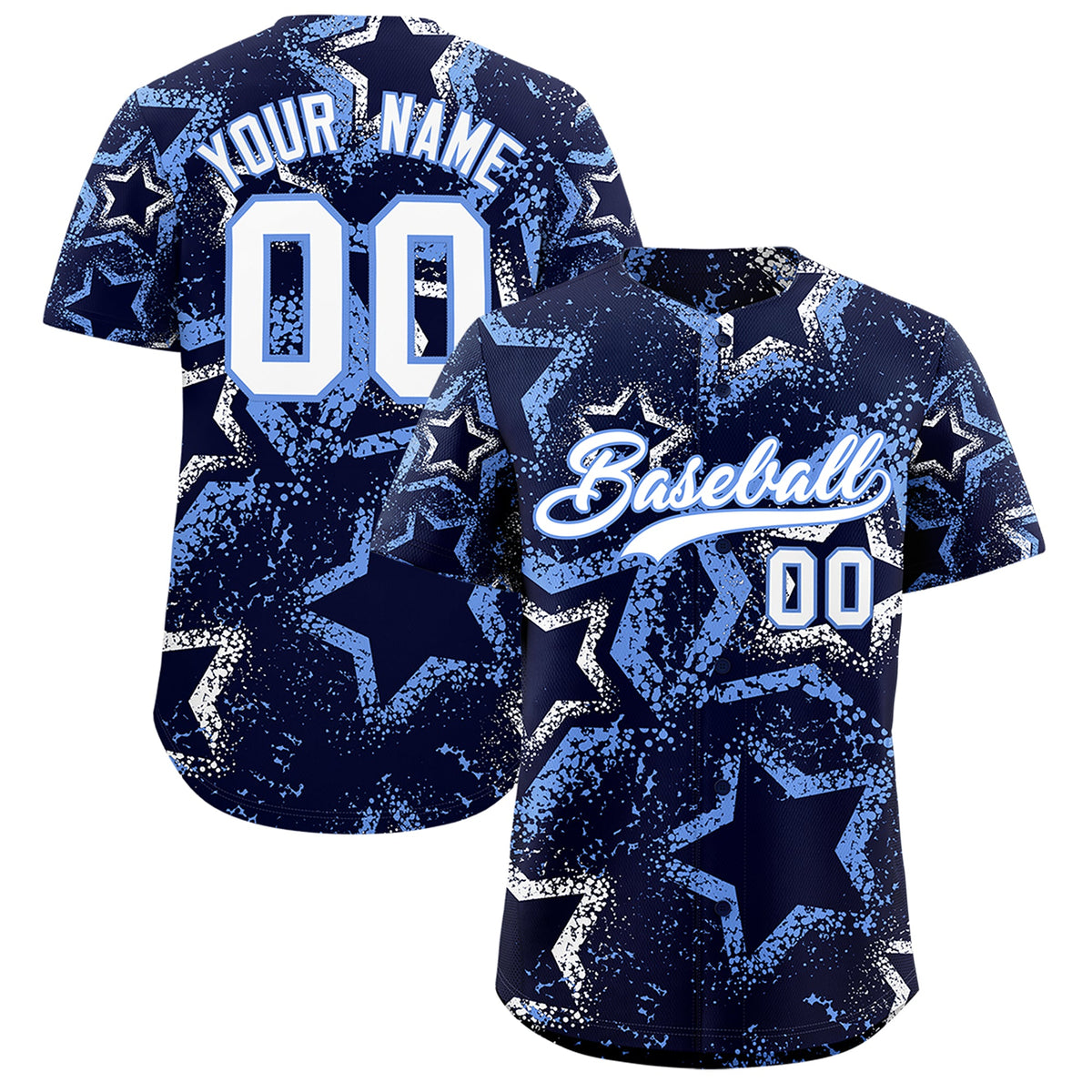 Custom Navy White Light Blue Star-Shaped Ink Texture Graffiti Pattern Baseball Jersey | Sublimation Printed &amp; Stitched,Add Name and Numbern,Perfect for Parties,Perfect for Training | KXKSHOP