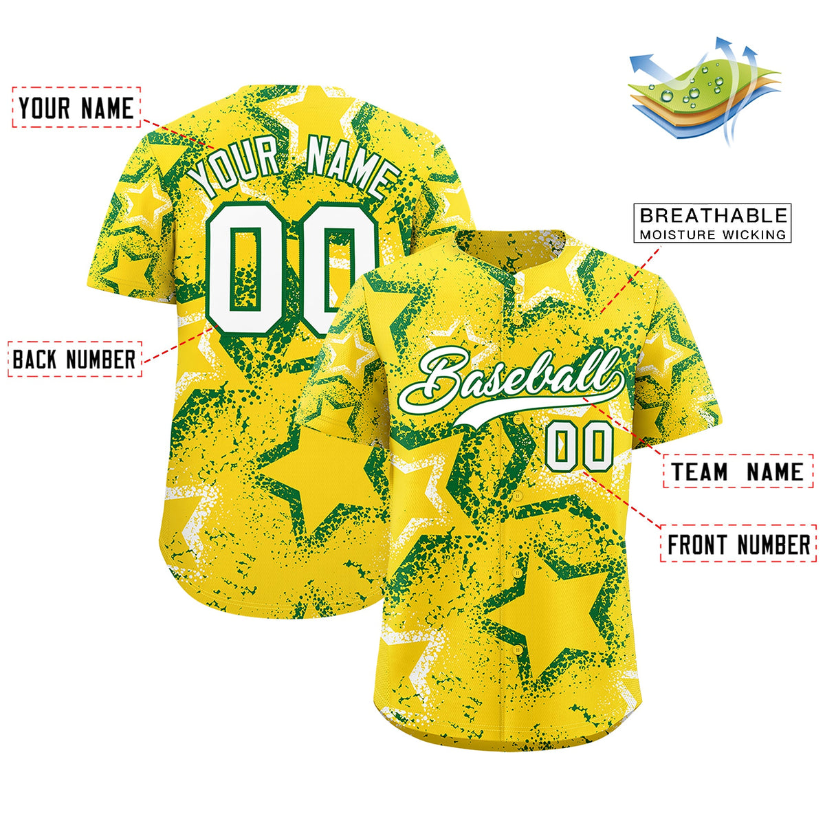 Custom Gold White Kelly Green Star-Shaped Ink Texture Graffiti Pattern Baseball Jersey | Sublimation Printed & Stitched,Add Name and Numbern,Perfect for Parties,Perfect for Training | KXKSHOP
