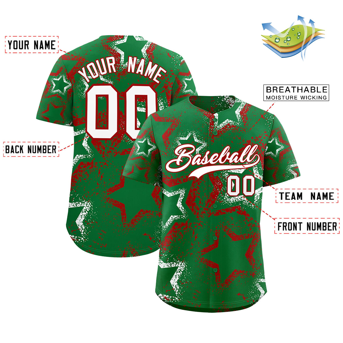 Custom Kelly Green White Red Star-Shaped Ink Texture Graffiti Pattern Baseball Jersey | Sublimation Printed & Stitched,Add Name and Numbern,Perfect for Parties,Perfect for Training | KXKSHOP