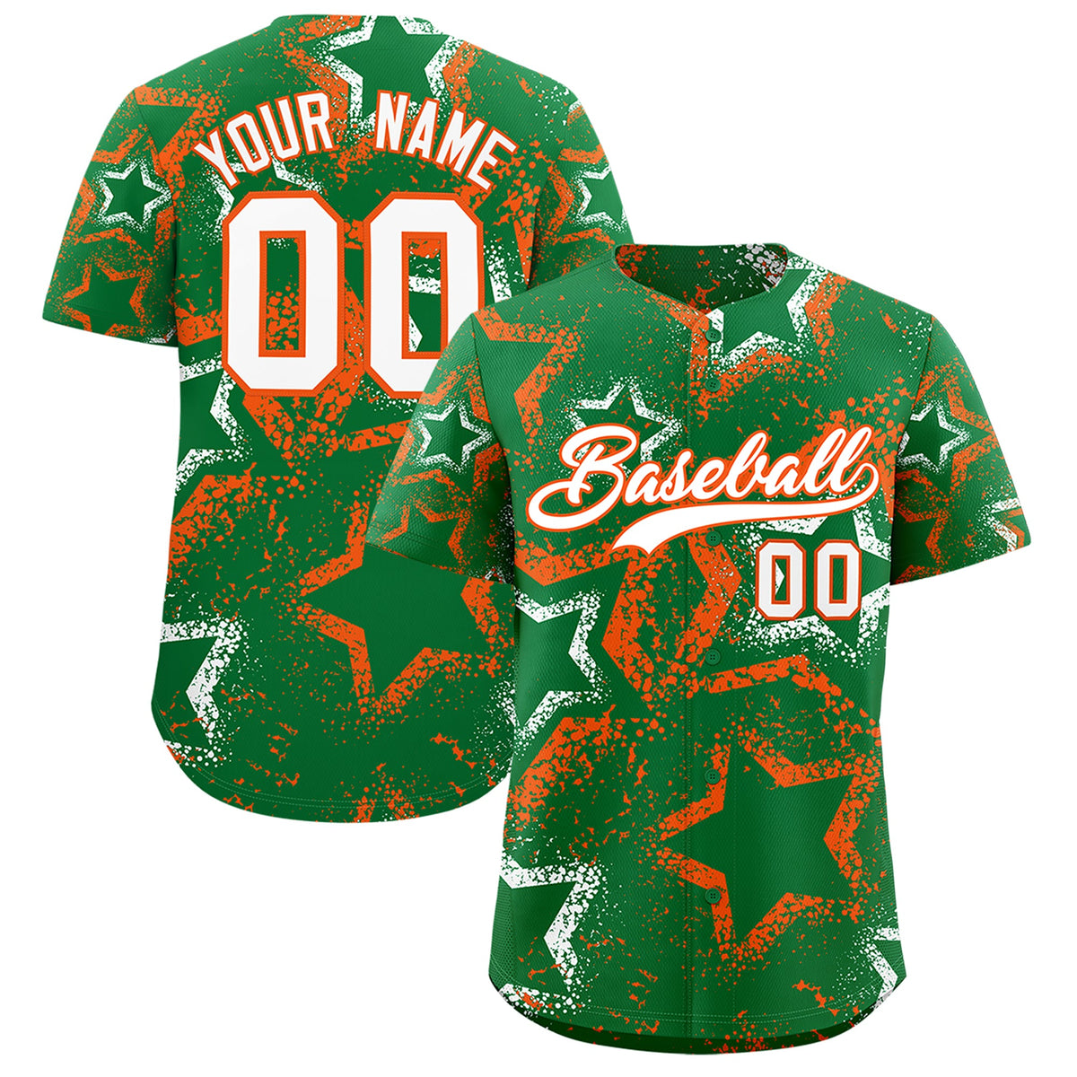 Custom Kelly Green White Orange Star-Shaped Ink Texture Graffiti Pattern Baseball Jersey | Sublimation Printed & Stitched,Add Name and Numbern,Perfect for Parties,Perfect for Training | KXKSHOP