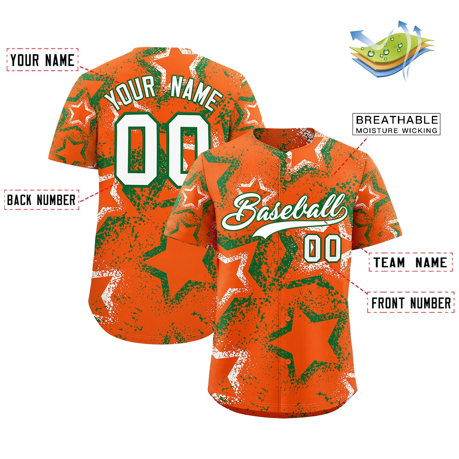 Custom Orange White Kelly Green Star-Shaped Ink Texture Graffiti Pattern Baseball Jersey | Sublimation Printed & Stitched,Add Name and Numbern,Perfect for Parties,Perfect for Training | KXKSHOP