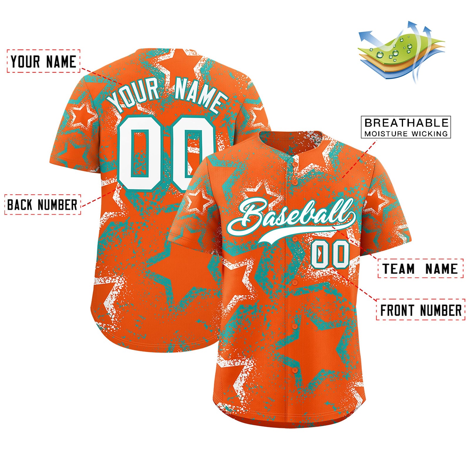 Custom Orange White Aqua Star-Shaped Ink Texture Graffiti Pattern Baseball Jersey | Sublimation Printed & Stitched,Add Name and Numbern,Perfect for Parties,Perfect for Training | KXKSHOP