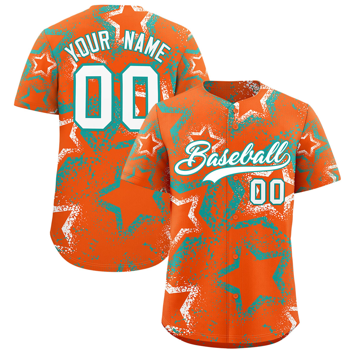 Custom Orange White Aqua Star-Shaped Ink Texture Graffiti Pattern Baseball Jersey | Sublimation Printed &amp; Stitched,Add Name and Numbern,Perfect for Parties,Perfect for Training | KXKSHOP