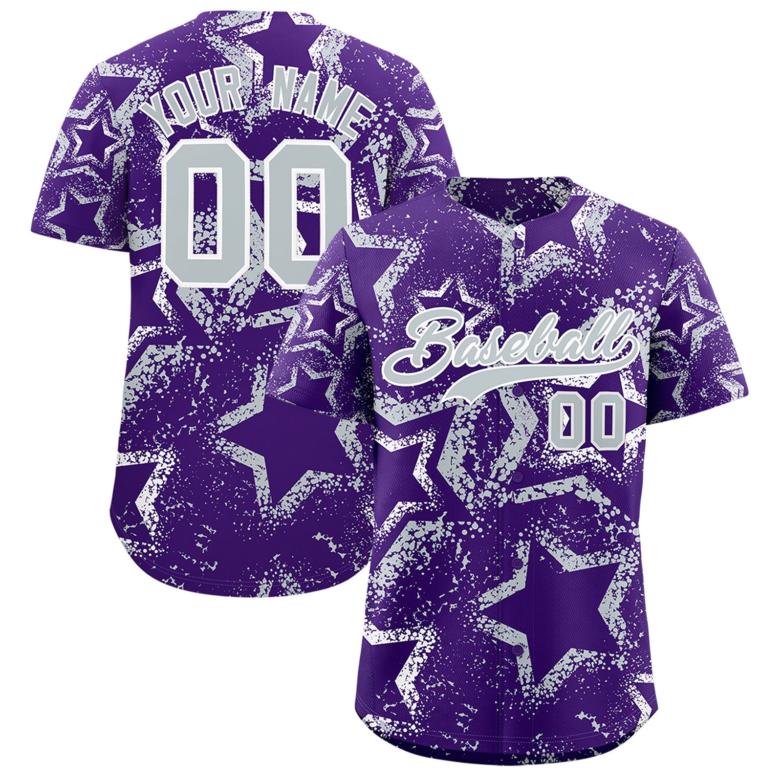 Custom Purple White Silver Star-Shaped Ink Texture Graffiti Pattern Baseball Jersey | Sublimation Printed & Stitched,Add Name and Numbern,Perfect for Parties,Perfect for Training | KXKSHOP
