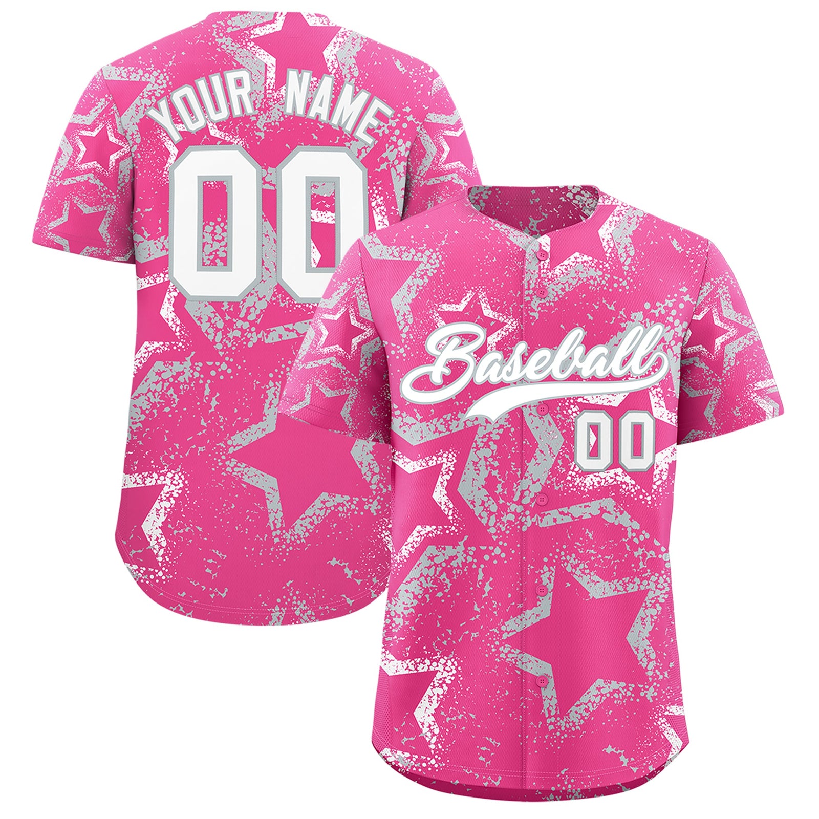 Custom Pink White Silver Star-Shaped Ink Texture Graffiti Pattern Baseball Jersey | Sublimation Printed & Stitched,Add Name and Numbern,Perfect for Parties,Perfect for Training | KXKSHOP