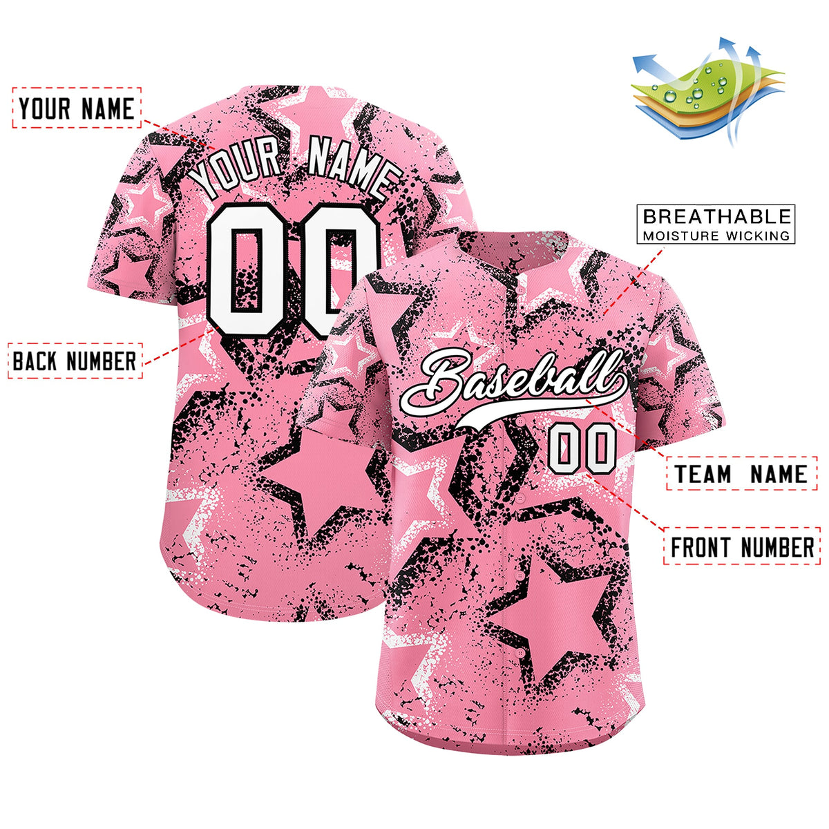 Custom Light Pink White Black Star-Shaped Ink Texture Graffiti Pattern Baseball Jersey | Sublimation Printed &amp; Stitched,Add Name and Numbern,Perfect for Parties,Perfect for Training | KXKSHOP