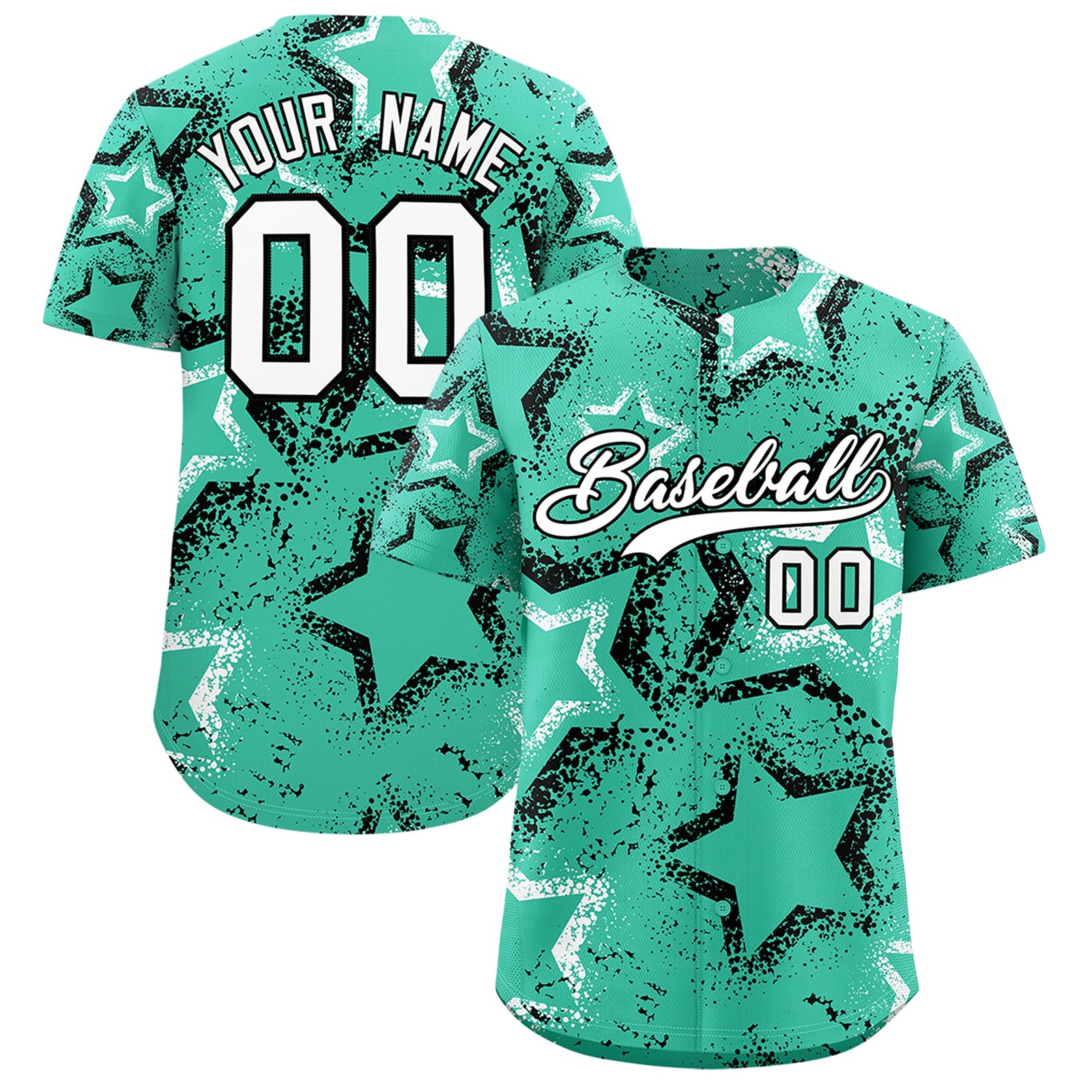 Custom Bright Green White Black Star-Shaped Ink Texture Graffiti Pattern Baseball Jersey | Sublimation Printed & Stitched,Add Name and Numbern,Perfect for Parties,Perfect for Training | KXKSHOP