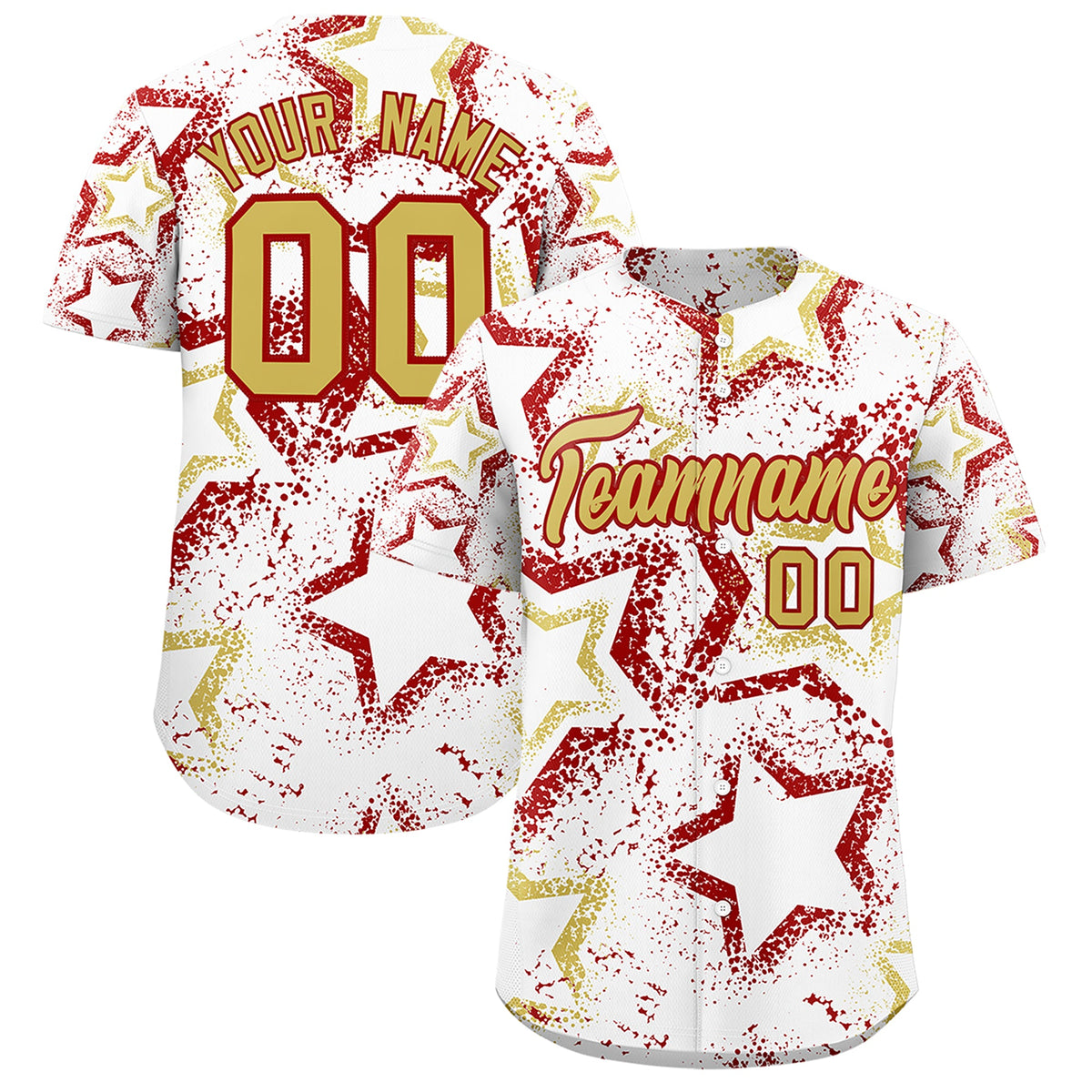Custom White Old Gold Red Star-Shaped Ink Texture Graffiti Pattern Baseball Jersey | Sublimation Printed &amp; Stitched,Add Name and Numbern,Perfect for Parties,Perfect for Training | KXKSHOP