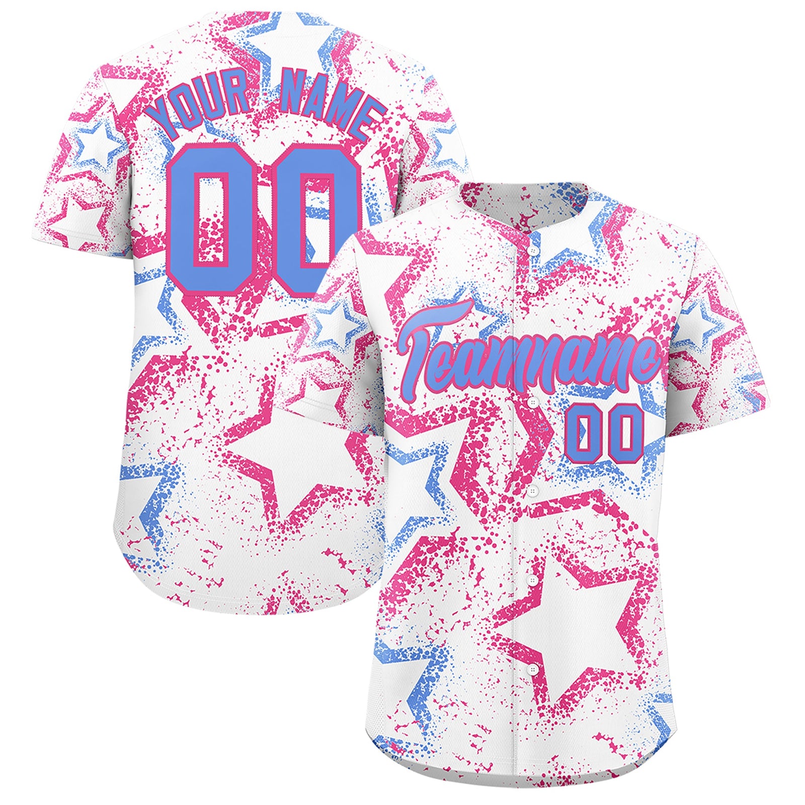 Custom White Pink Light Blue Star-Shaped Ink Texture Graffiti Pattern Baseball Jersey | Sublimation Printed & Stitched,Add Name and Numbern,Perfect for Parties,Perfect for Training | KXKSHOP
