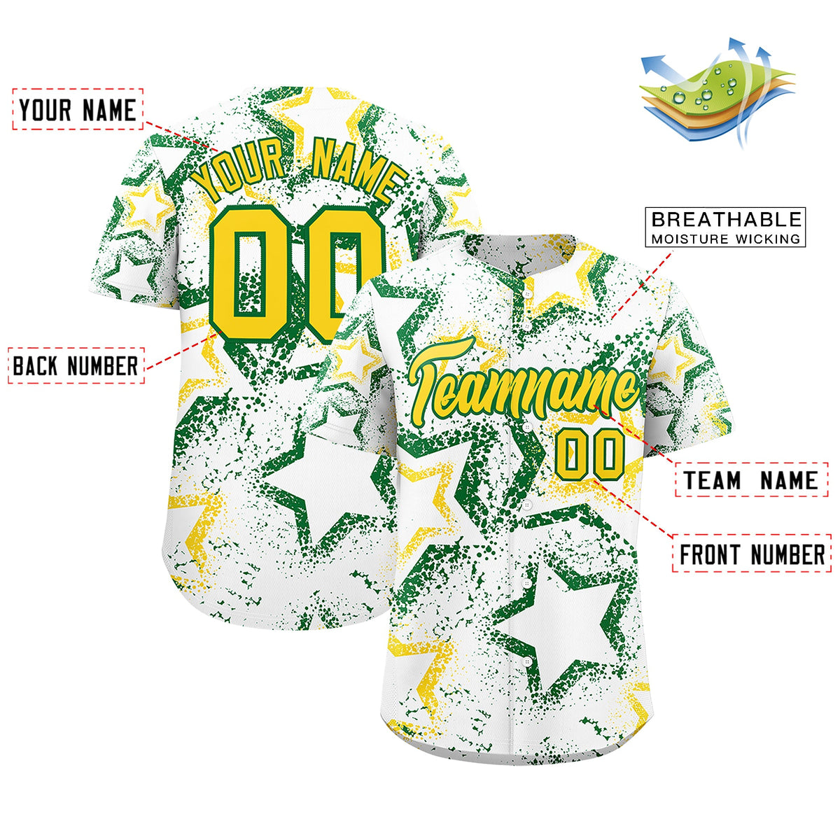 Custom White Kelly Green Gold Star-Shaped Ink Texture Graffiti Pattern Baseball Jersey | Sublimation Printed &amp; Stitched,Add Name and Numbern,Perfect for Parties,Perfect for Training | KXKSHOP