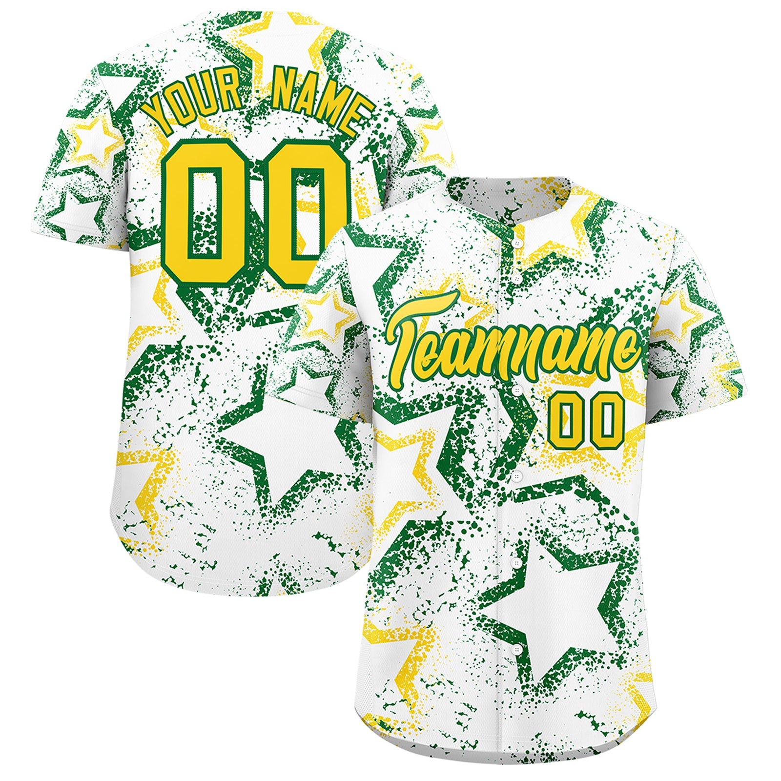 Custom White Kelly Green Gold Star-Shaped Ink Texture Graffiti Pattern Baseball Jersey | Sublimation Printed & Stitched,Add Name and Numbern,Perfect for Parties,Perfect for Training | KXKSHOP