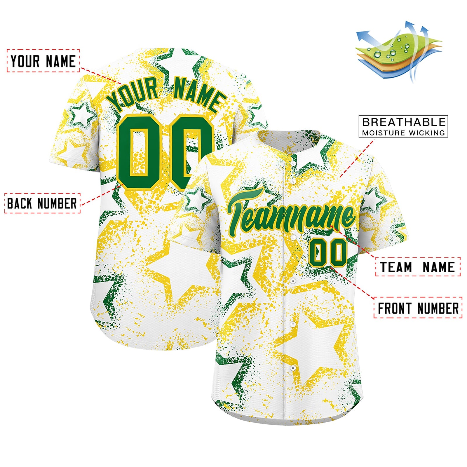Custom White Gold Kelly Green Star-Shaped Ink Texture Graffiti Pattern Baseball Jersey | Sublimation Printed & Stitched,Add Name and Numbern,Perfect for Parties,Perfect for Training | KXKSHOP