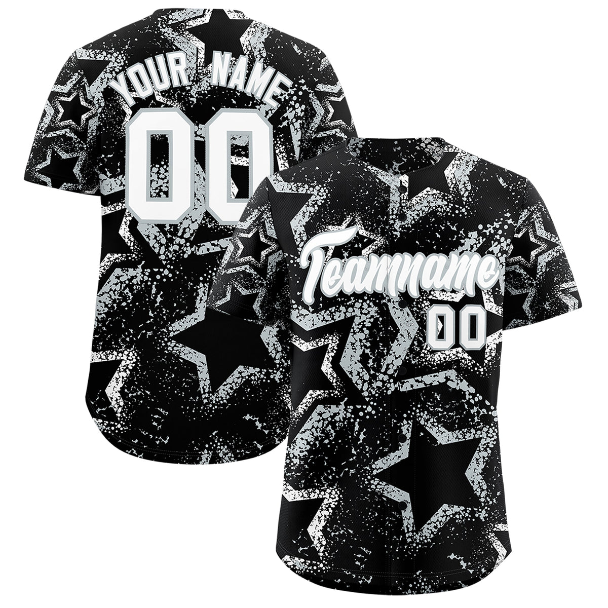 Custom Black White Silver Star-Shaped Ink Texture Graffiti Pattern Baseball Jersey | Sublimation Printed & Stitched,Add Name and Numbern,Perfect for Parties,Perfect for Training | KXKSHOP