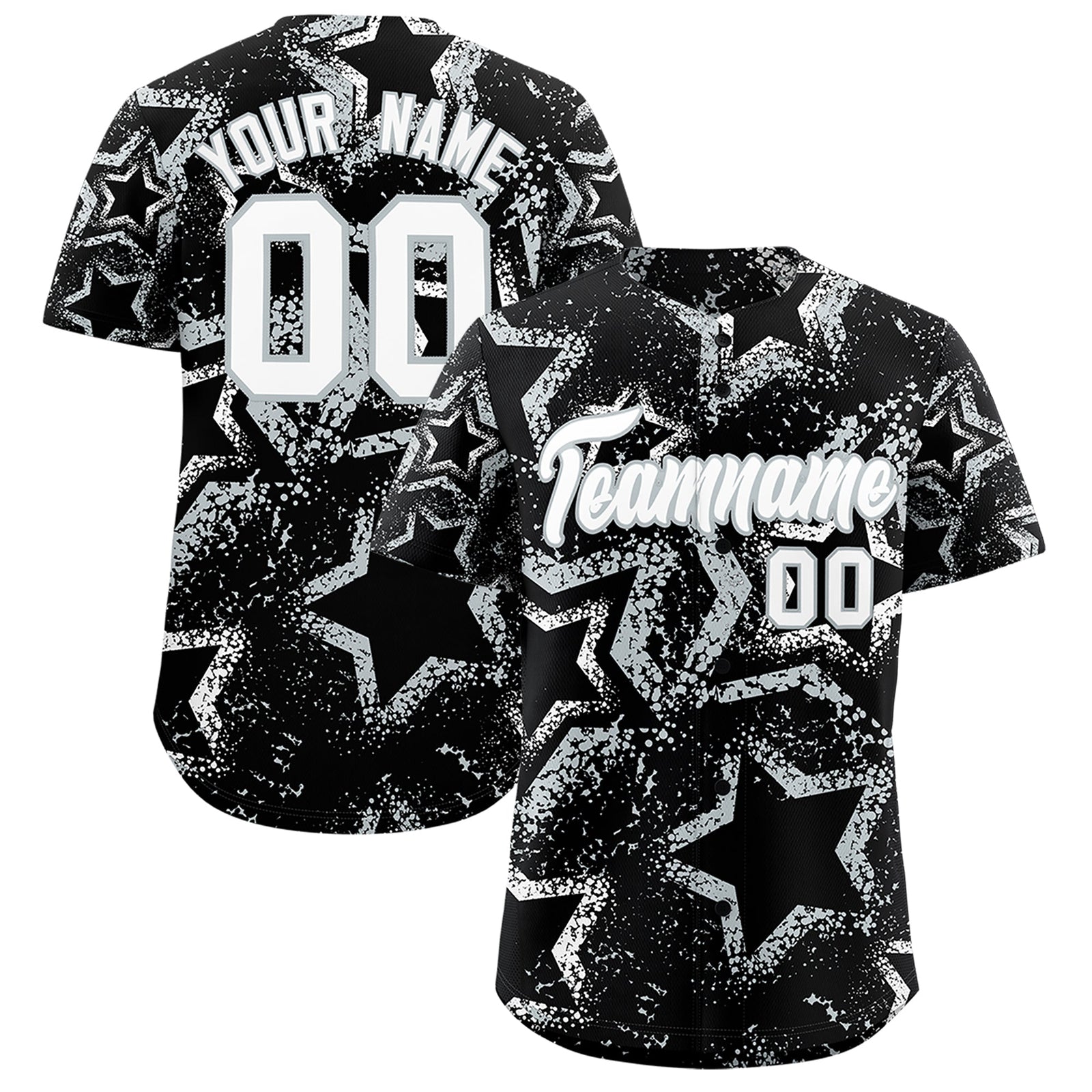 Custom Black White Silver Star-Shaped Ink Texture Graffiti Pattern Baseball Jersey | Sublimation Printed & Stitched,Add Name and Numbern,Perfect for Parties,Perfect for Training | KXKSHOP