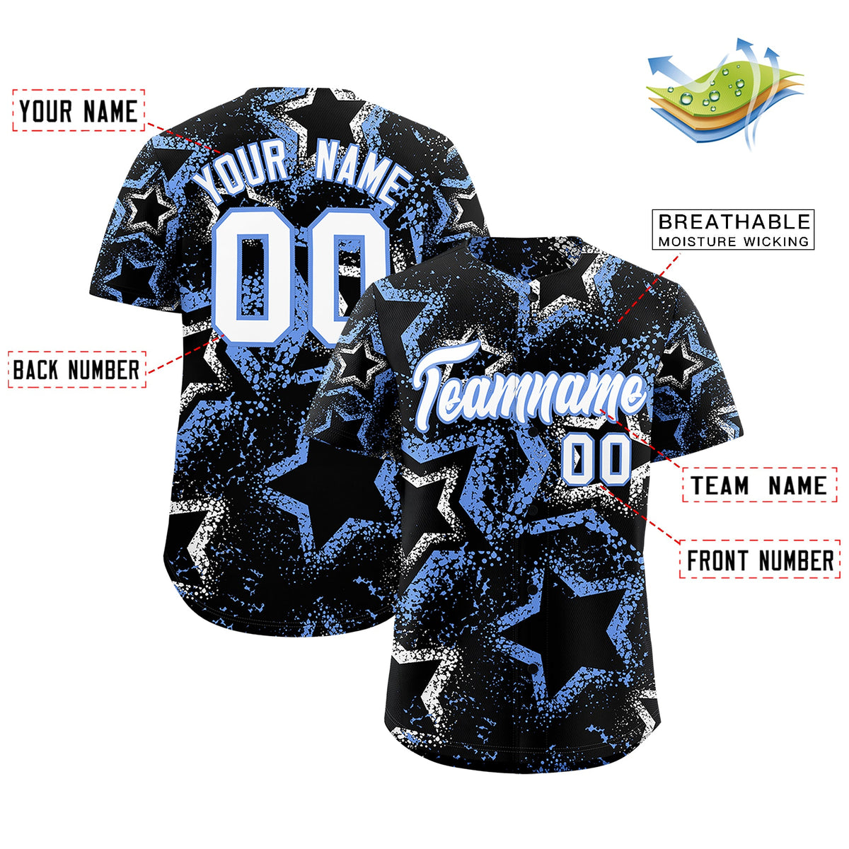 Custom Black White Light Blue Star-Shaped Ink Texture Graffiti Pattern Baseball Jersey | Sublimation Printed &amp; Stitched,Add Name and Numbern,Perfect for Parties,Perfect for Training | KXKSHOP