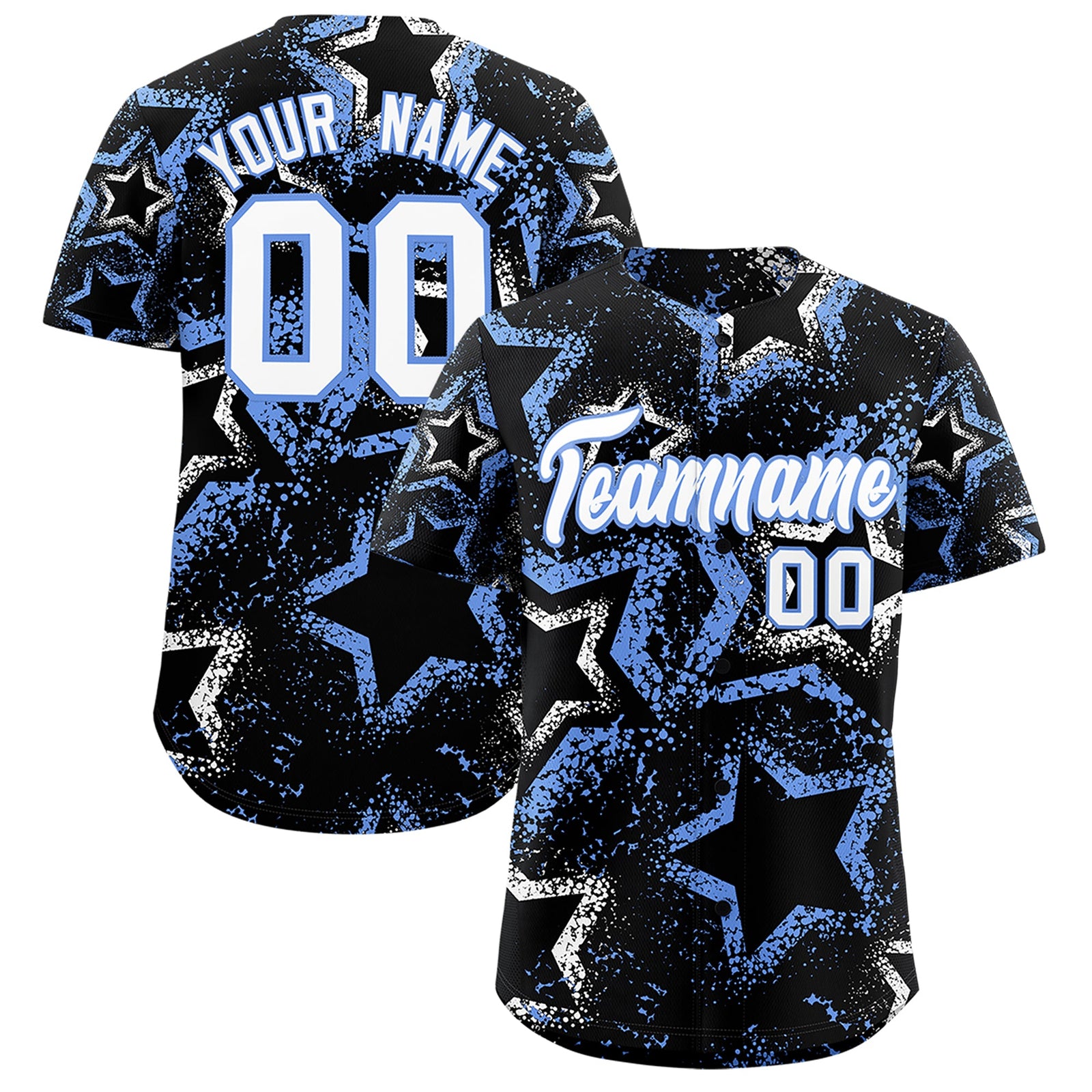 Custom Black White Light Blue Star-Shaped Ink Texture Graffiti Pattern Baseball Jersey | Sublimation Printed & Stitched,Add Name and Numbern,Perfect for Parties,Perfect for Training | KXKSHOP