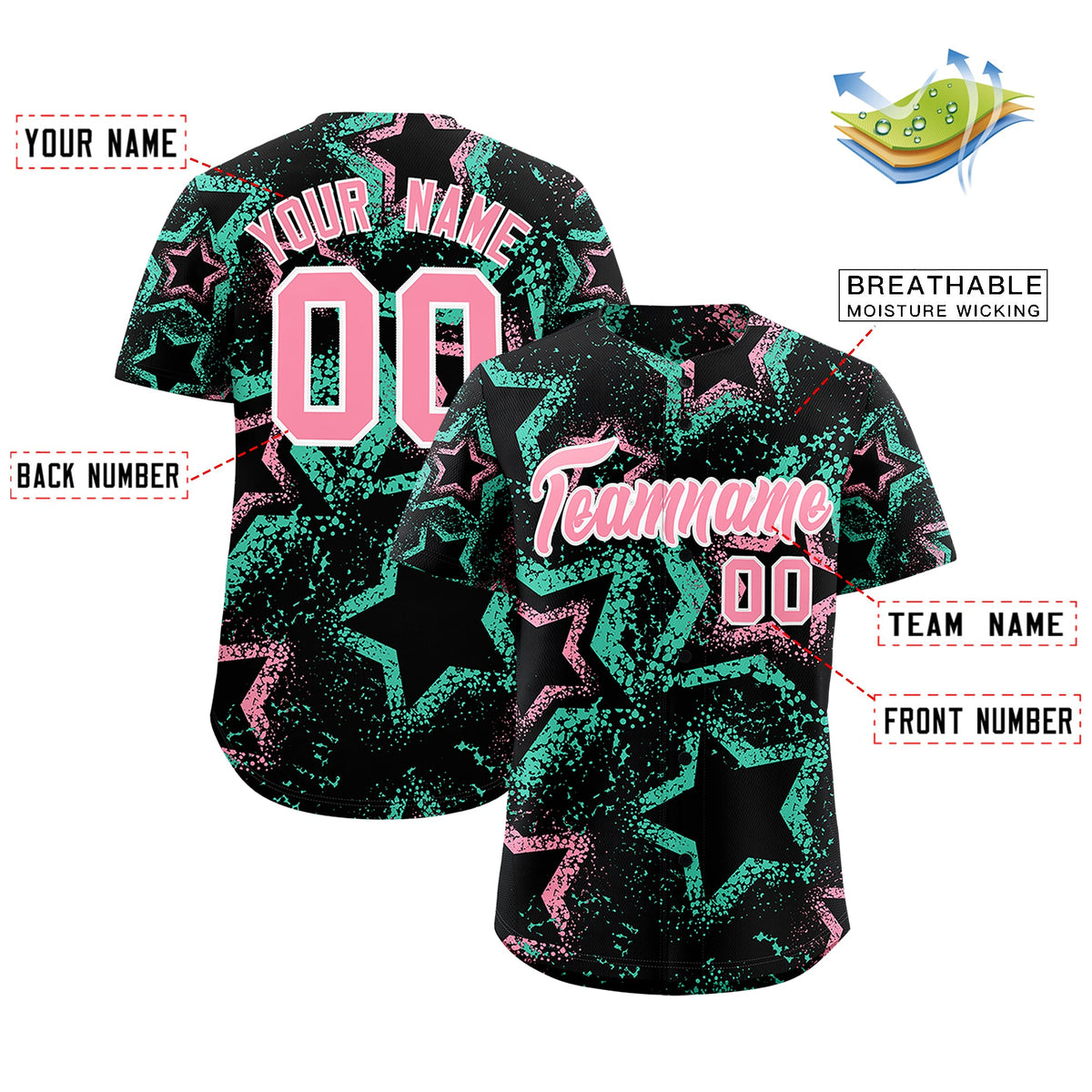 Custom Black Light Pink White Star-Shaped Ink Texture Graffiti Pattern Baseball Jersey | Sublimation Printed &amp; Stitched,Add Name and Numbern,Perfect for Parties,Perfect for Training | KXKSHOP