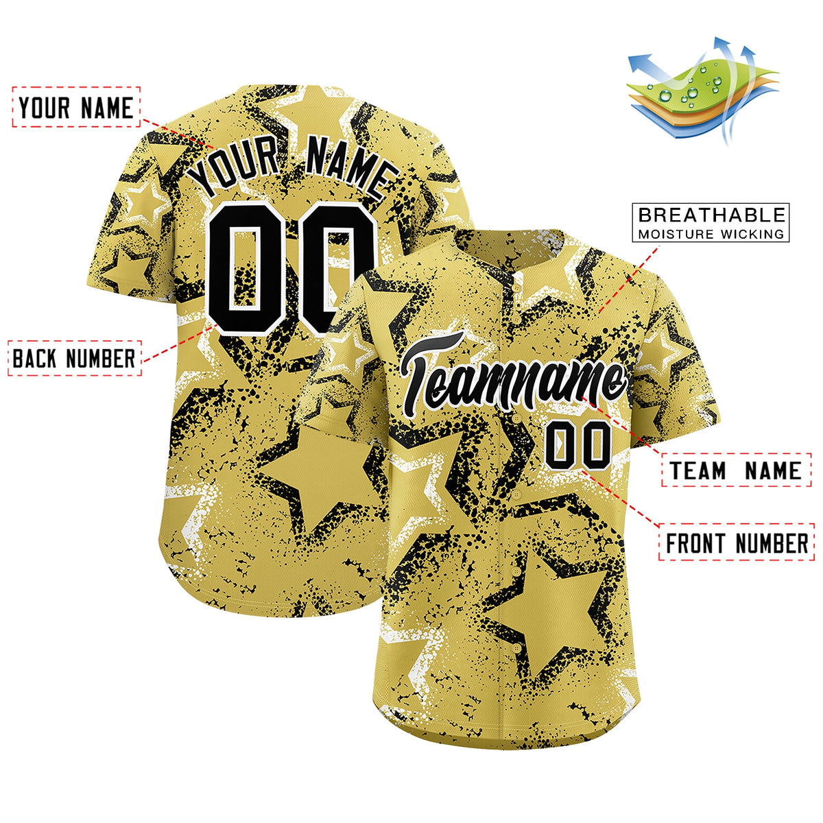 Custom Old Gold White Black Star-Shaped Ink Texture Graffiti Pattern Baseball Jersey | Sublimation Printed &amp; Stitched,Add Name and Numbern,Perfect for Parties,Perfect for Training | KXKSHOP